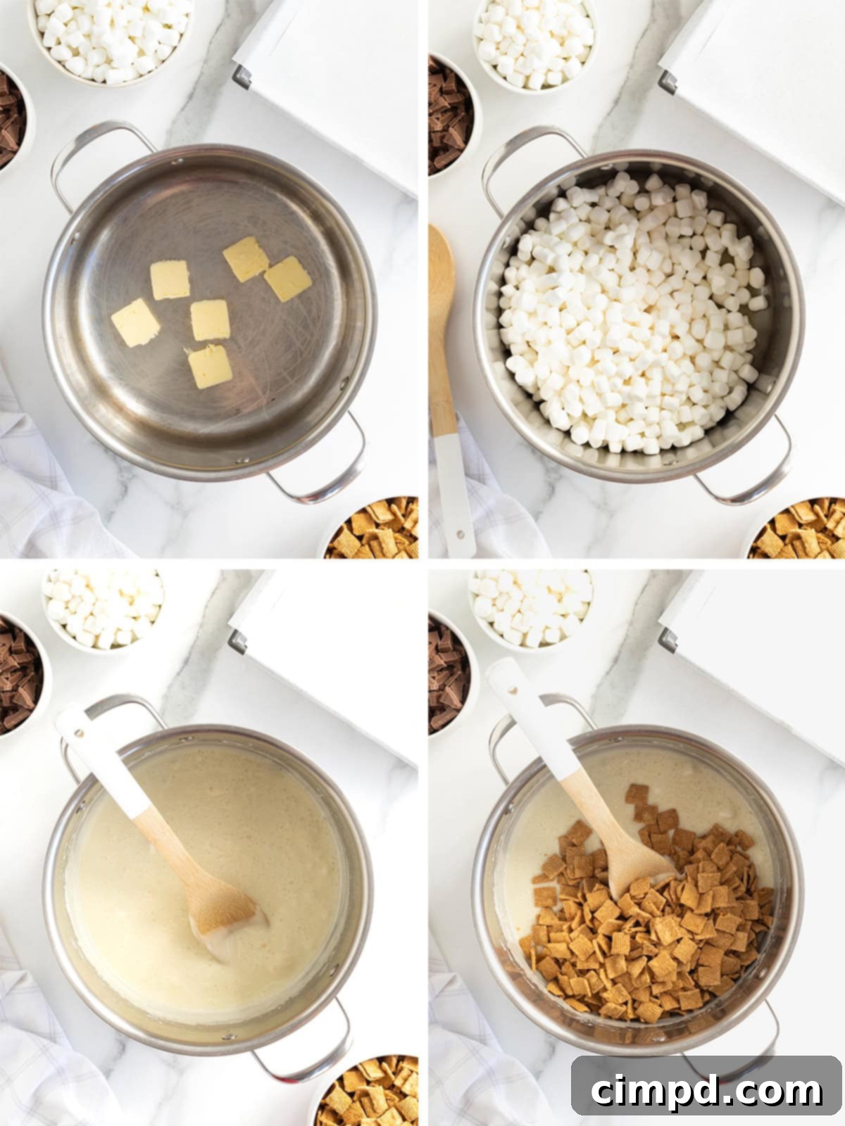 Easy No Bake Smores Bars 7 A visual sequence showing the first steps to make no-bake s'mores bars: lining a pan, melting marshmallows with butter, and mixing in Golden Grahams cereal.