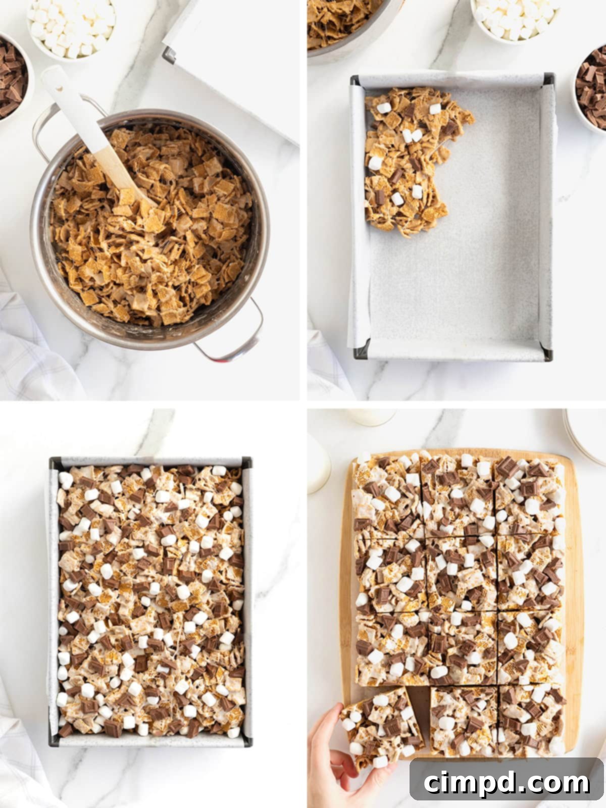 Easy No Bake Smores Bars 8 A visual sequence detailing the final steps for making no-bake s'mores bars: layering with chocolate and marshmallows, pressing into the pan, and allowing to cool.