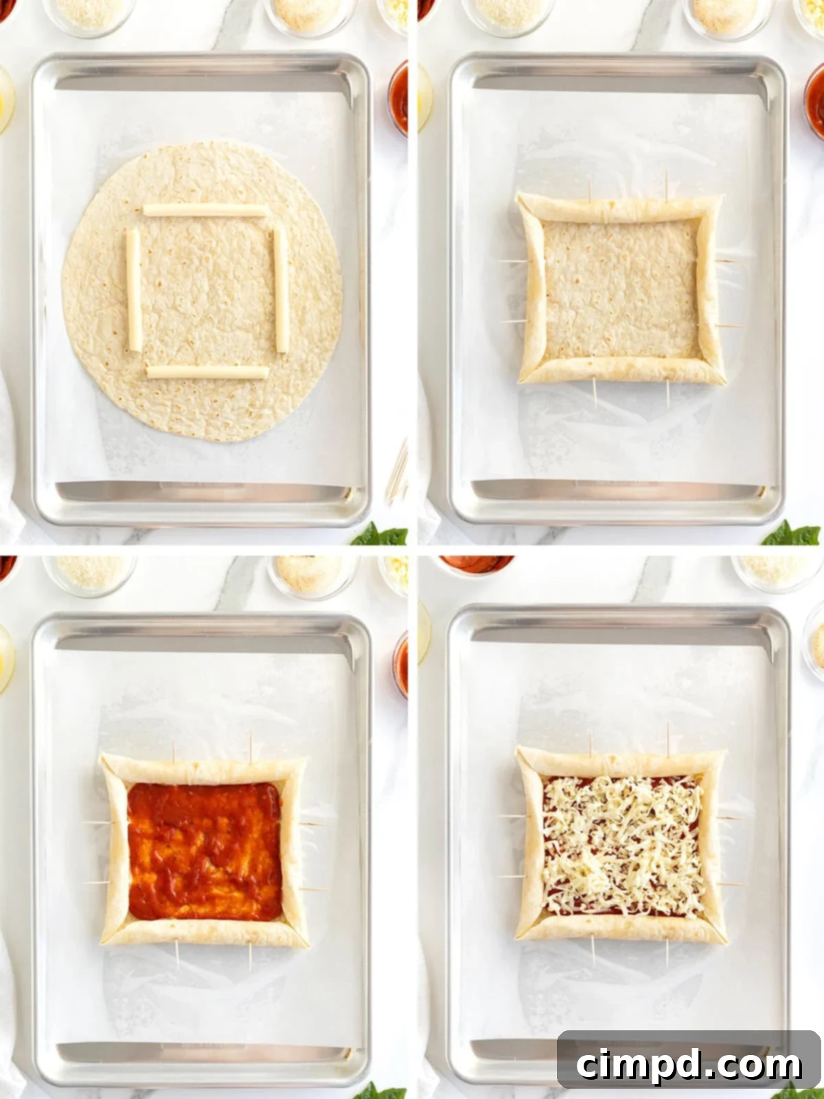 Tortilla Pizza with Stuffed Crust 7 Steps to make stuffed crust tortilla pizza.