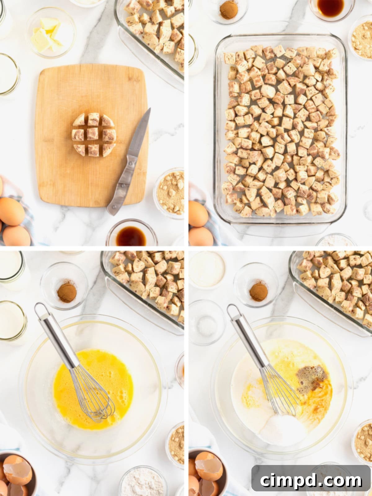 Steps to make cinnamon roll breakfast casserole.