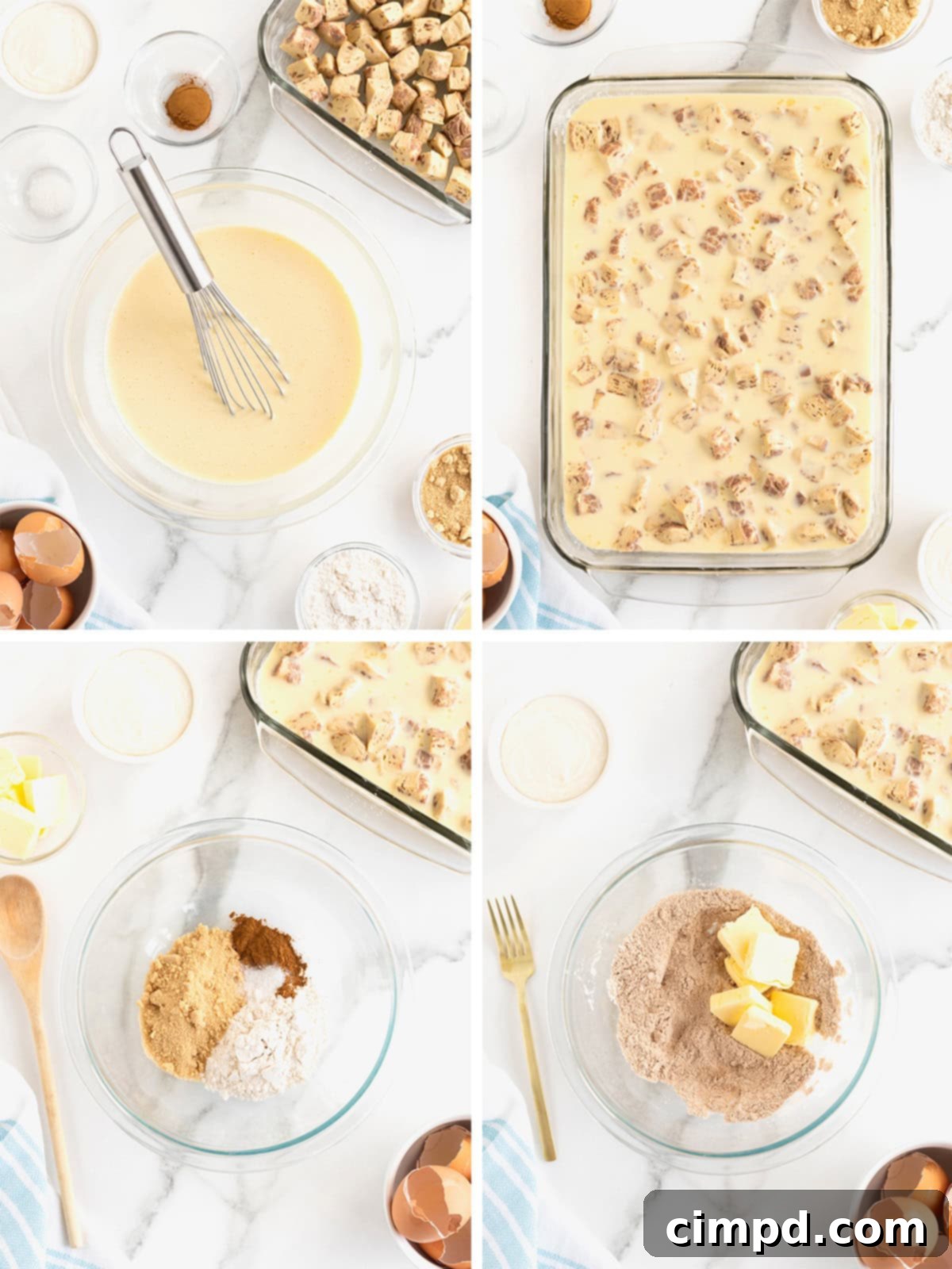 Steps to make cinnamon roll breakfast casserole.