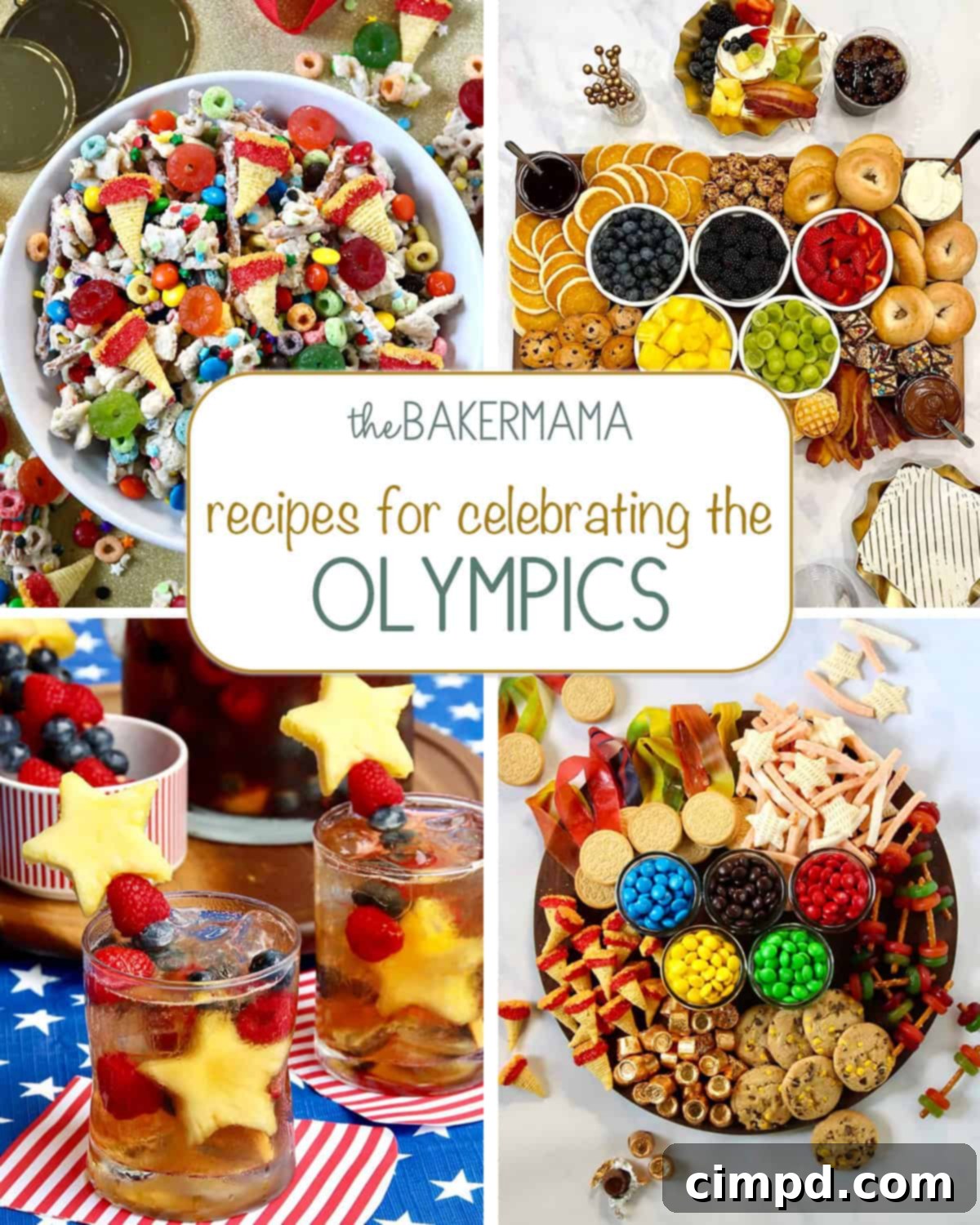 A collage of Olympic-themed party food including an Olympics Snack Mix, a vibrant Olympics breakfast board, a refreshing Sweet Tea Sangria with fruit kabobs, and a creative Olympics Snack Board. Perfect for celebrating the games.