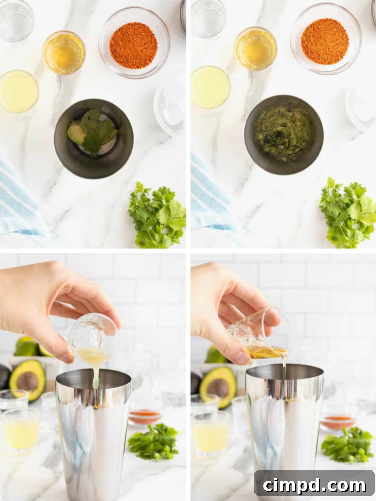 A visual guide showing the initial steps to make an avocado margarita, including muddling avocado and cilantro in a shaker and adding liquid ingredients.