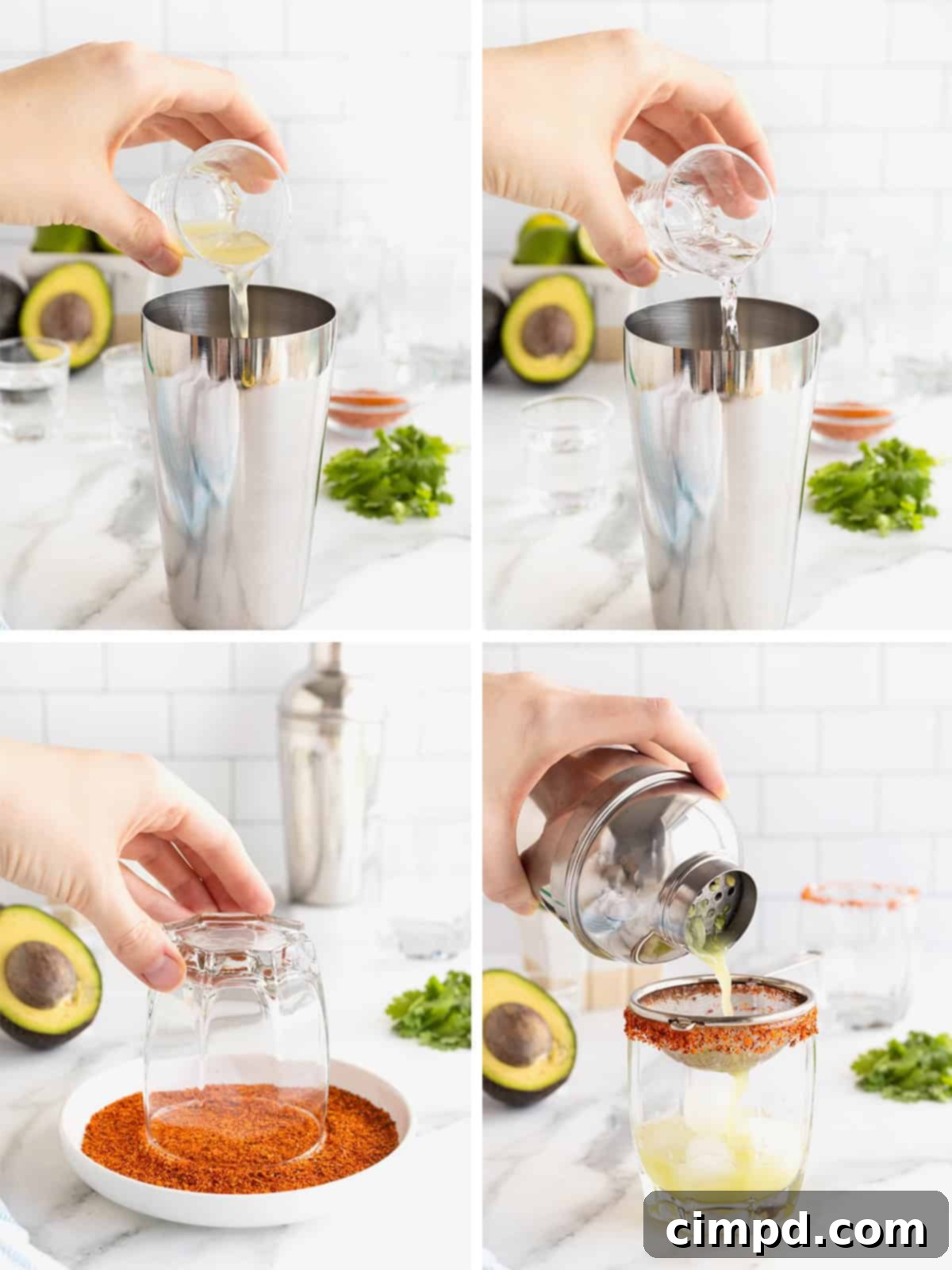 A step-by-step image guide demonstrating how to complete an avocado margarita by adding spirits, shaking with ice, and preparing the glass with a Tajín rim.
