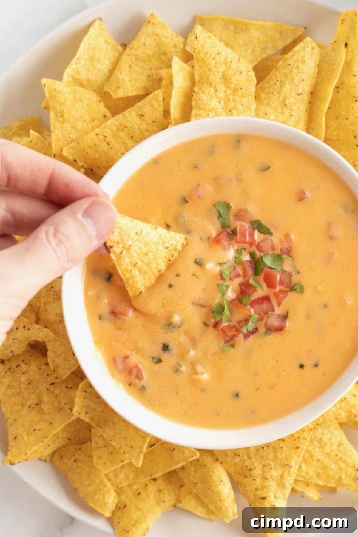 A hand reaches into a white ceramic serving bowl, dipping a crispy corn tortilla chip into the luscious, golden queso, highlighting the dip's appealing texture.