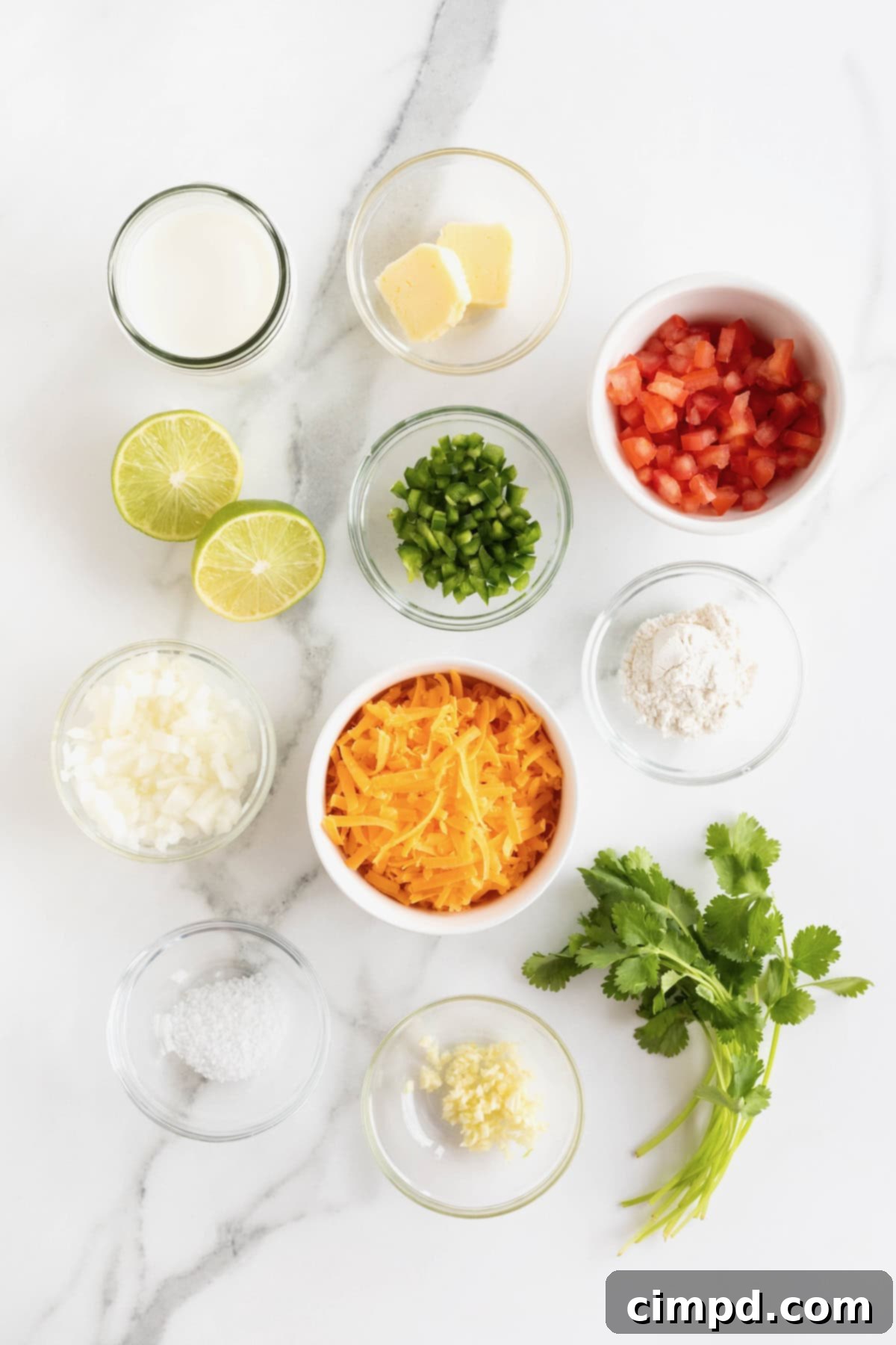 Various fresh ingredients for making queso are meticulously arranged in small glass dishes on a pristine white marble countertop, highlighting their quality and readiness.