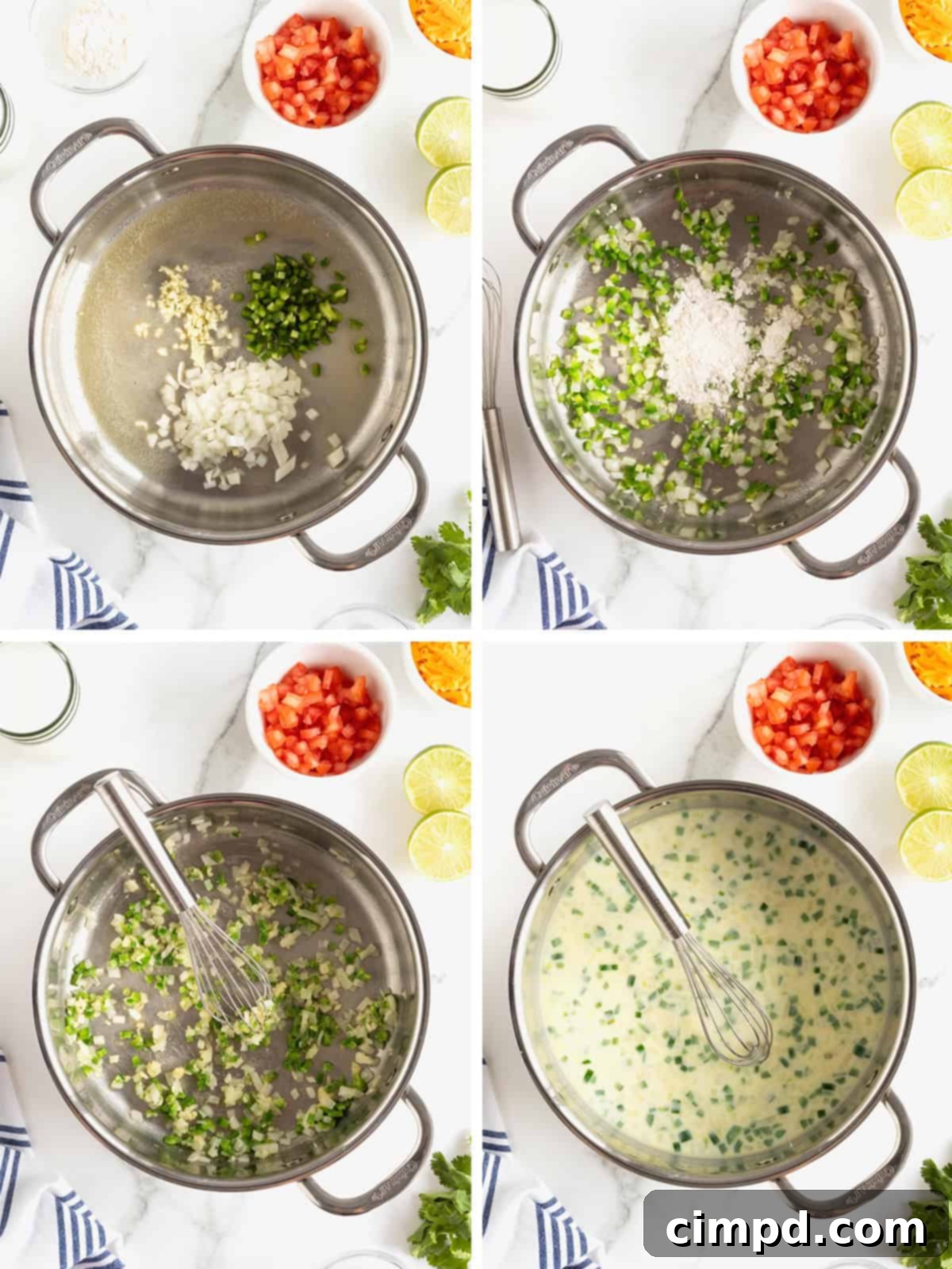 A series of three steps demonstrating how to make stovetop queso dip: melting butter with aromatics, stirring in flour, and slowly whisking in milk to create a smooth base.