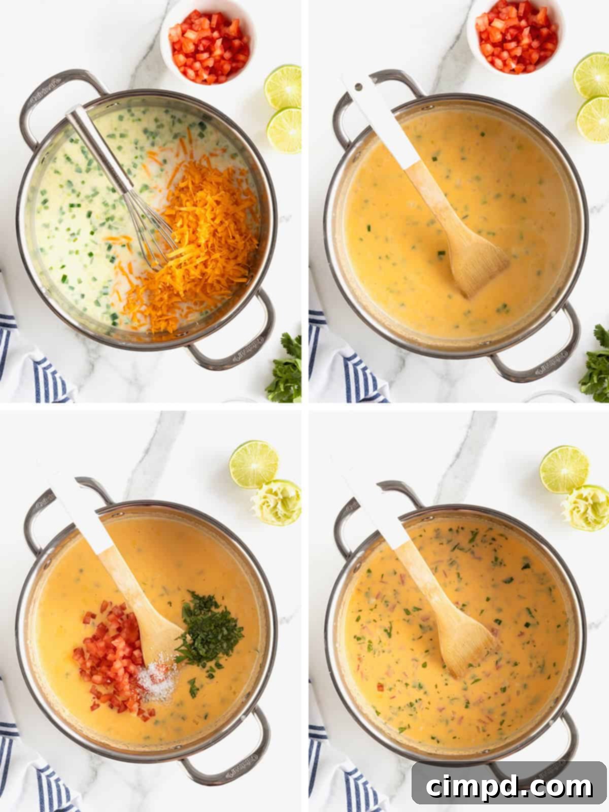 A series of three steps illustrating how to finish an easy queso dip: adding shredded cheese and stirring, then mixing in tomato, cilantro, lime juice, and salt, and finally, showing the finished dip ready to serve.