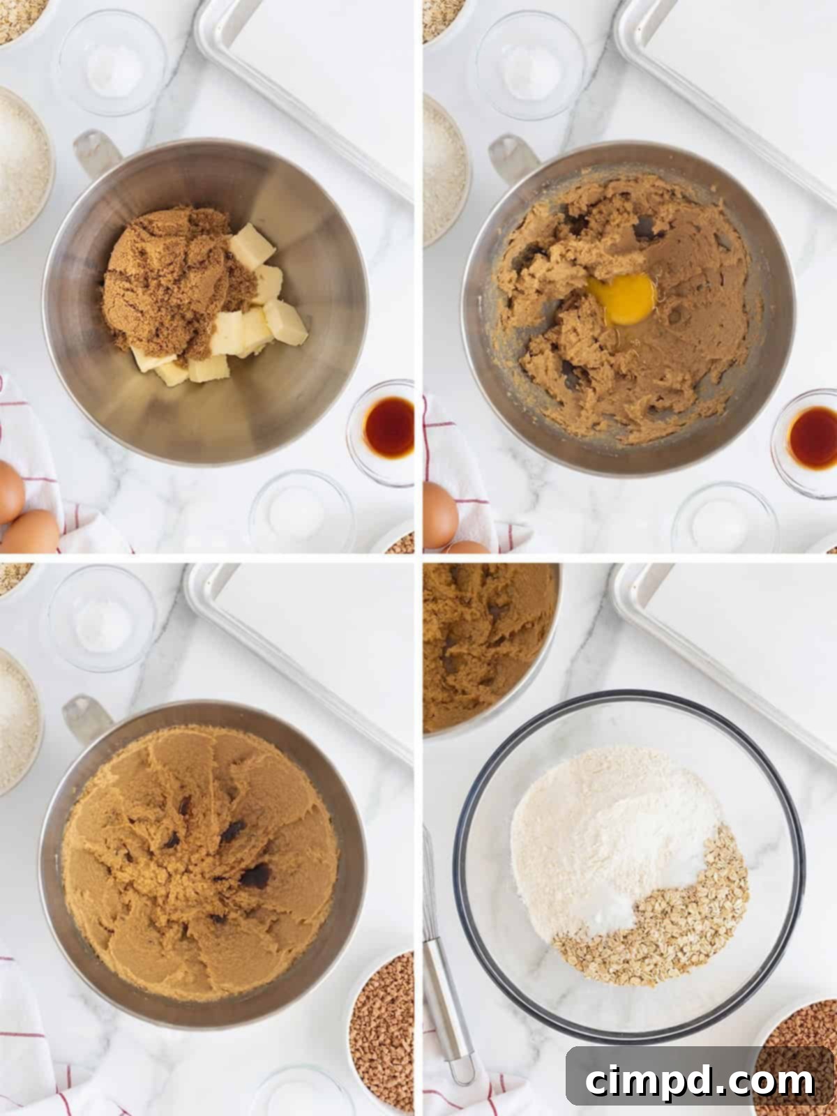 A visual guide depicting the initial steps of making Brown Sugar Oatmeal Toffee Crunch Cookies, including combining wet and dry ingredients separately.