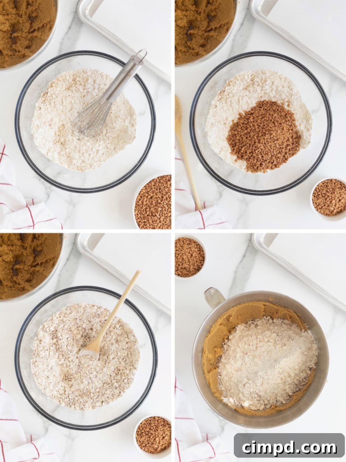 More steps in the process of making Brown Sugar Oatmeal Toffee Crunch Cookies, showing the dough being mixed with toffee bits.