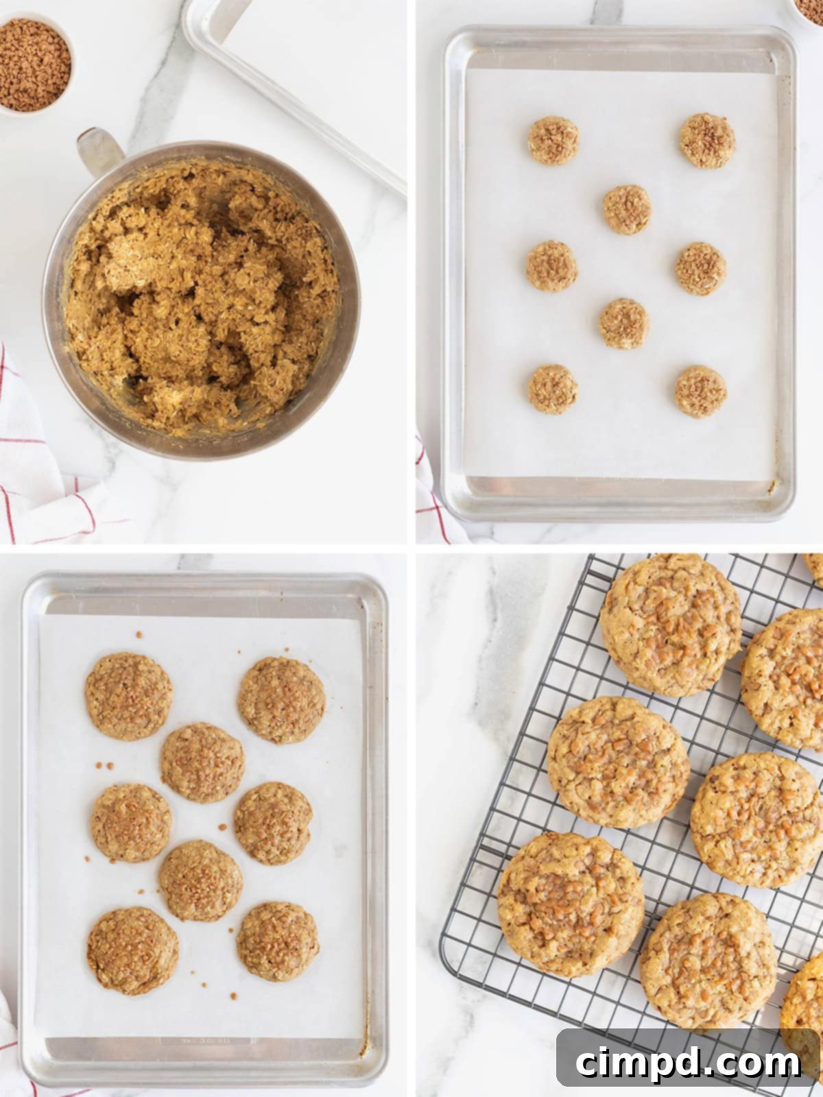 The final stages of making oatmeal cookies with toffee bits, showing them baked to golden perfection and cooling on a rack.