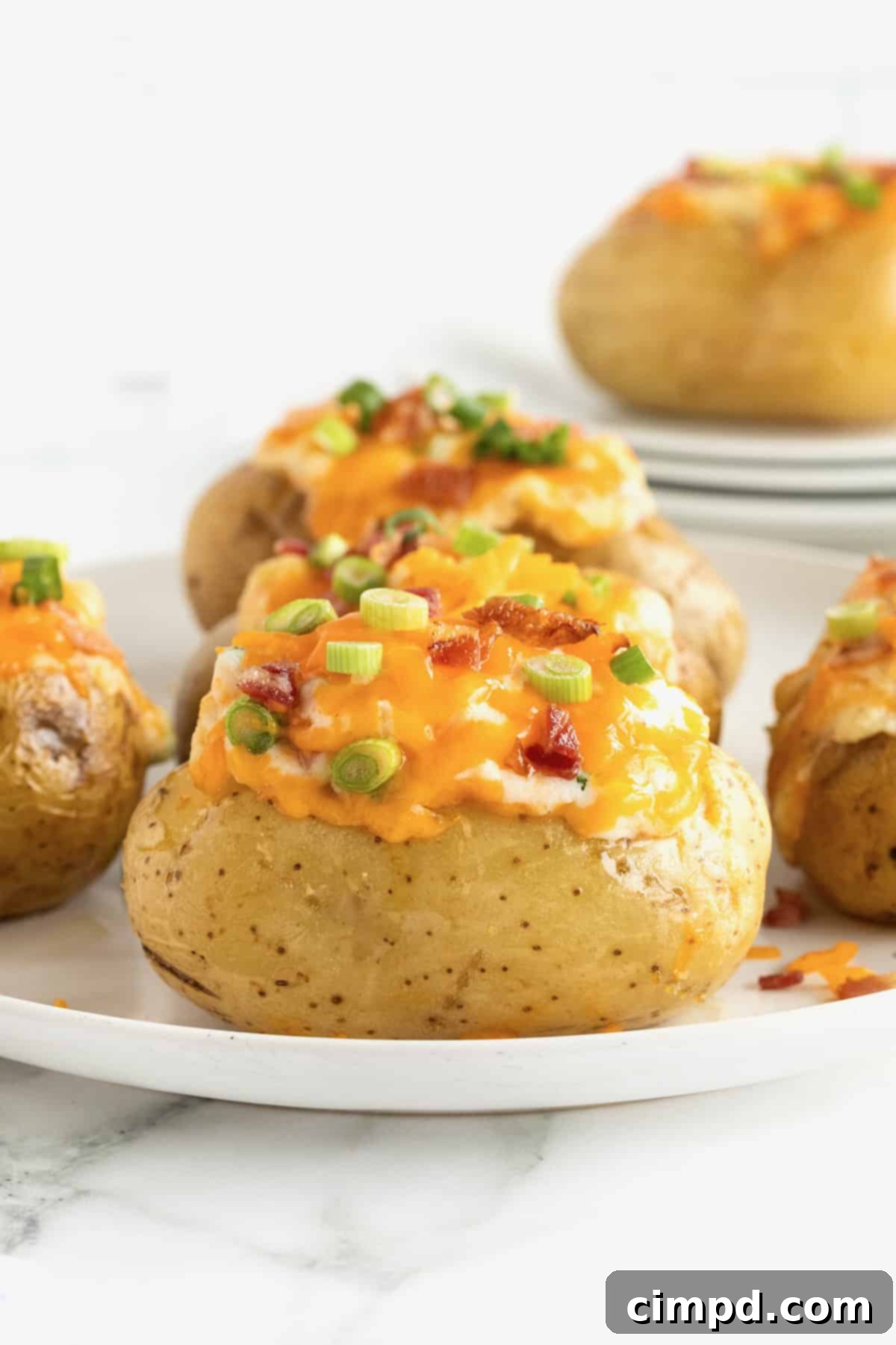 Four perfectly prepared twice baked potatoes, golden-brown and generously topped, arranged on a large white rimmed serving plate.
