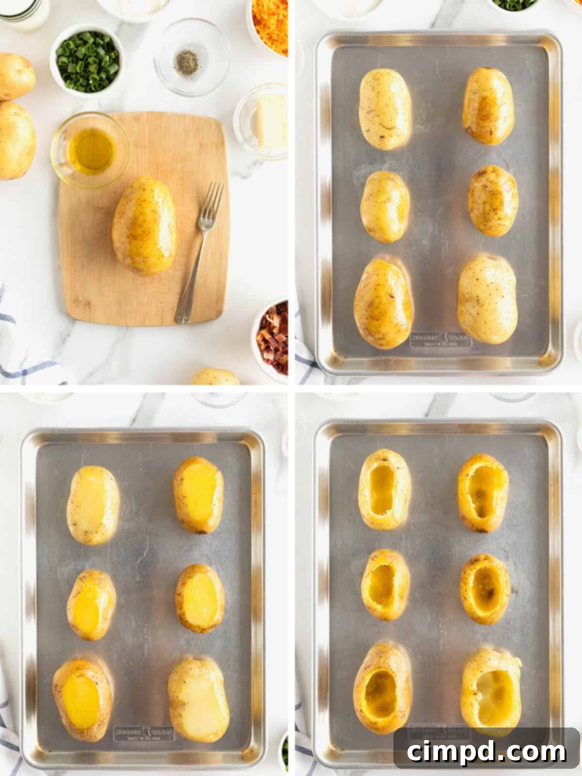 A visual step-by-step guide illustrating the initial stages of making twice baked potatoes: whole baked potatoes, sliced potatoes, and hollowed-out potato skins.