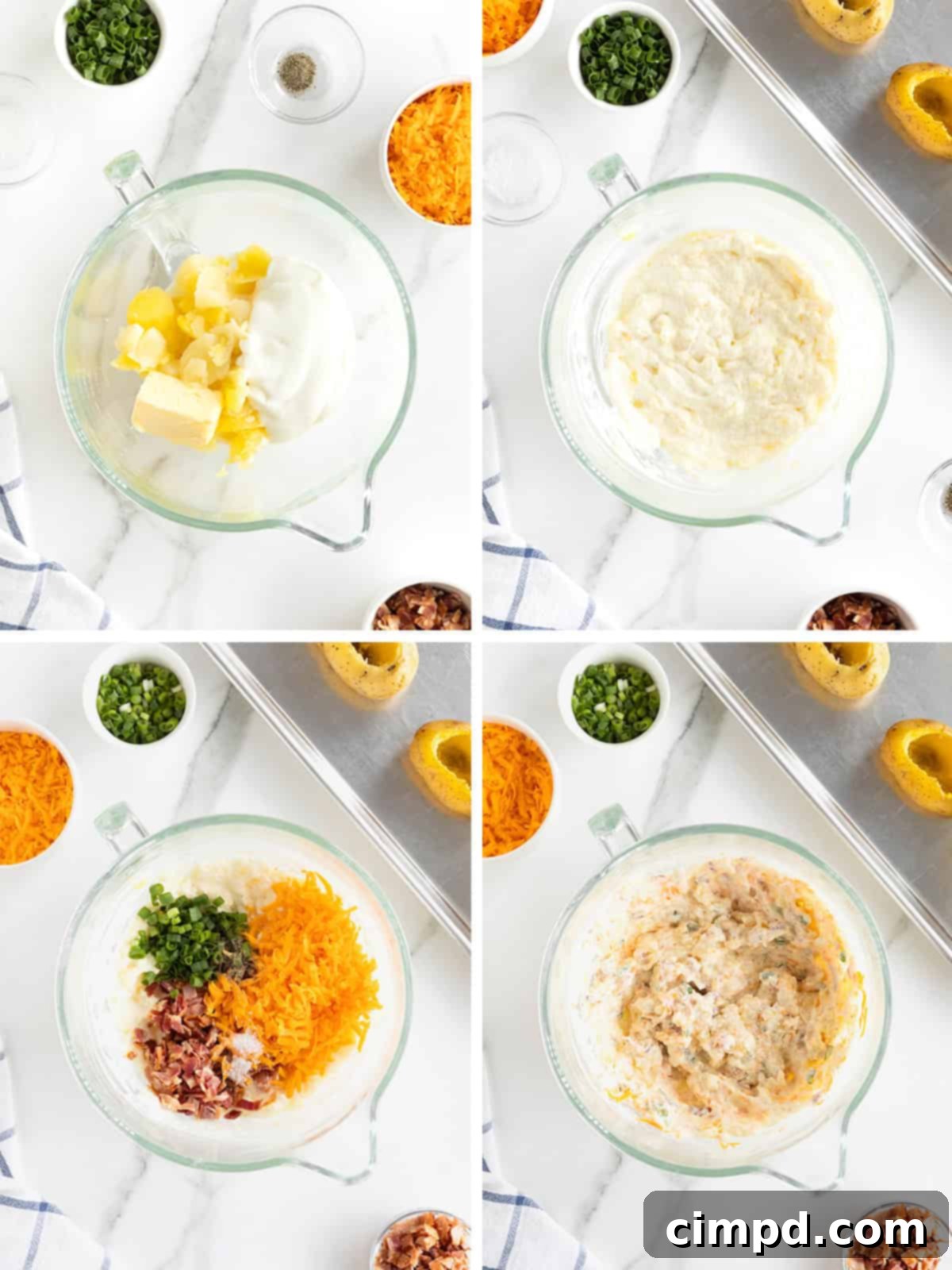 A visual guide showing the preparation of the twice baked potato filling: mixing the scooped potato flesh with dairy, then adding bacon, cheese, and green onions.