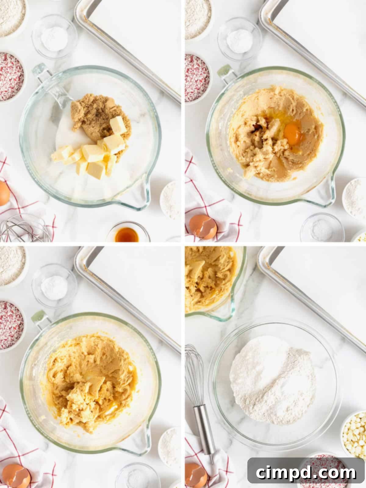 Dreamy Peppermint White Chocolate Pudding Cookies 7 A visual guide showing the initial steps to make delightful pudding cookies with peppermint and white chocolate chips, illustrating the mixing of wet and dry ingredients.