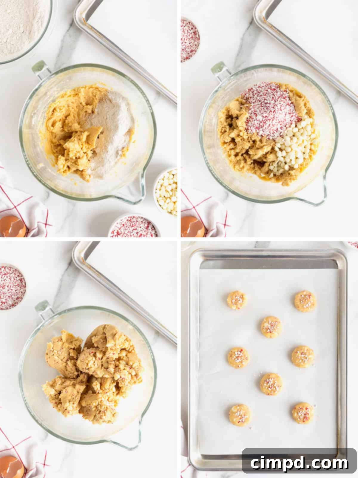 Dreamy Peppermint White Chocolate Pudding Cookies 8 Sequential steps illustrating the preparation of peppermint white chocolate pudding cookies, focusing on shaping the dough and adding festive toppings before baking.