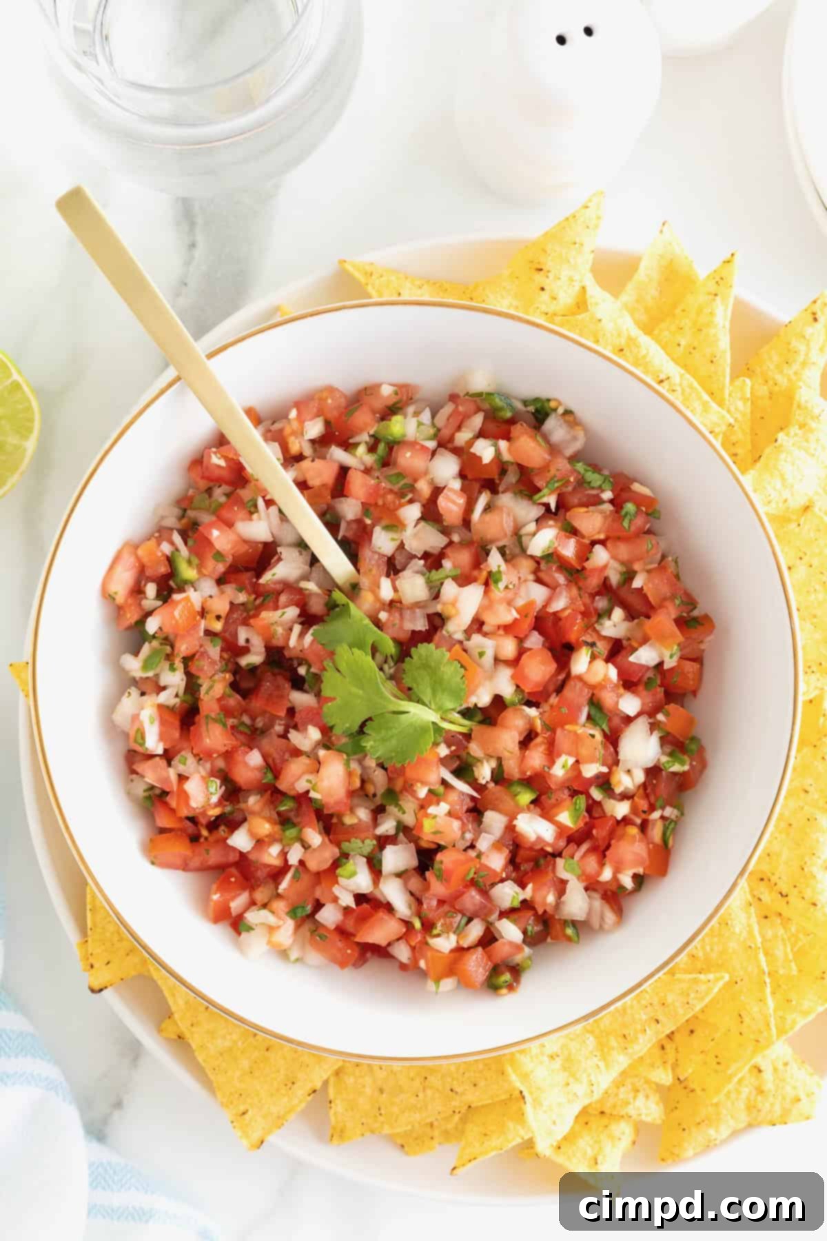 A large white serving bowl of pico de Gallo garnished with a sprig of cilantro. There are tortilla chips surrounding the serving bowl.