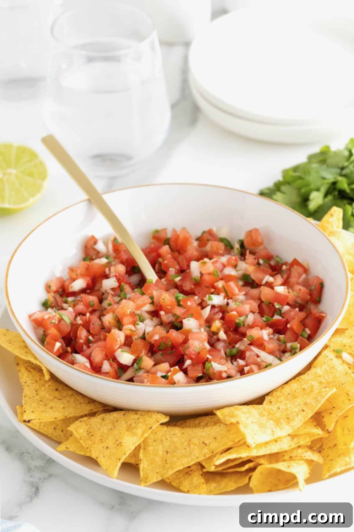 A large white serving bowl of pico de Gallo garnished with a sprig of cilantro. There are tortilla chips surrounding the serving bowl.