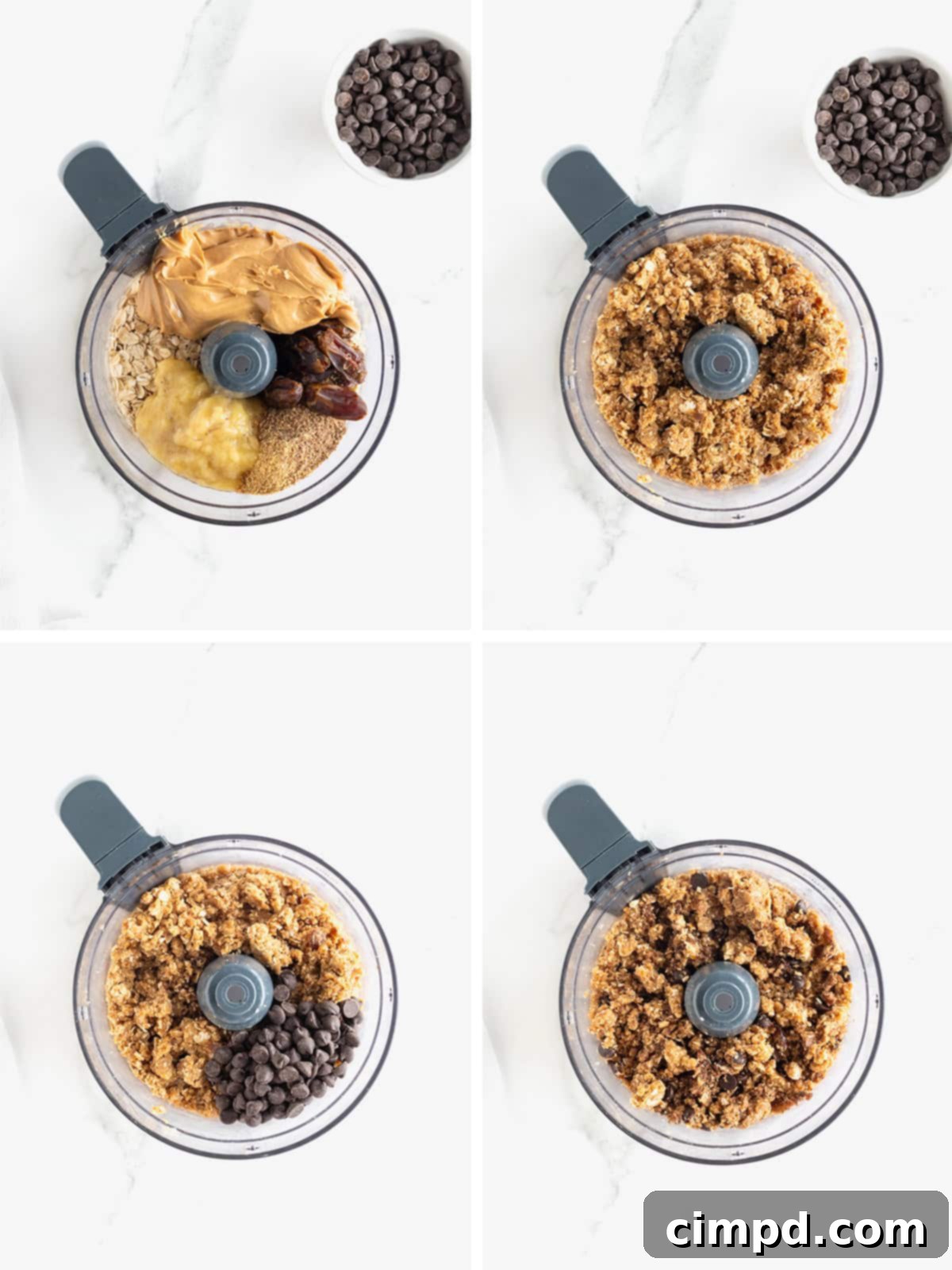 A visual guide showing the steps to make no-bake gluten free breakfast bars, from ingredients to mixing.