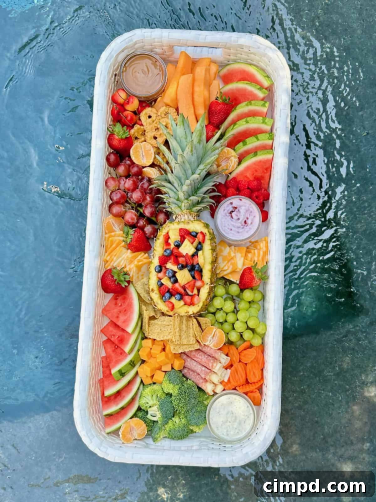 Close-up shot of a beautifully arranged floating snack tray filled with a variety of fresh fruits, cheeses, and dips, enjoying the sparkling blue water of a swimming pool.