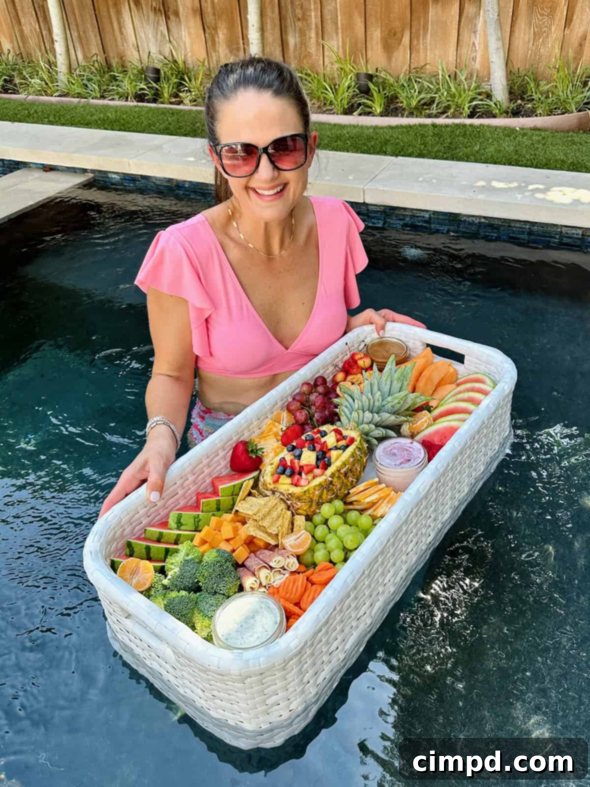 A woman in a bright pink swimsuit and sunglasses stands in a swimming pool, happily holding a large white floating snack tray overflowing with colorful fresh snacks.