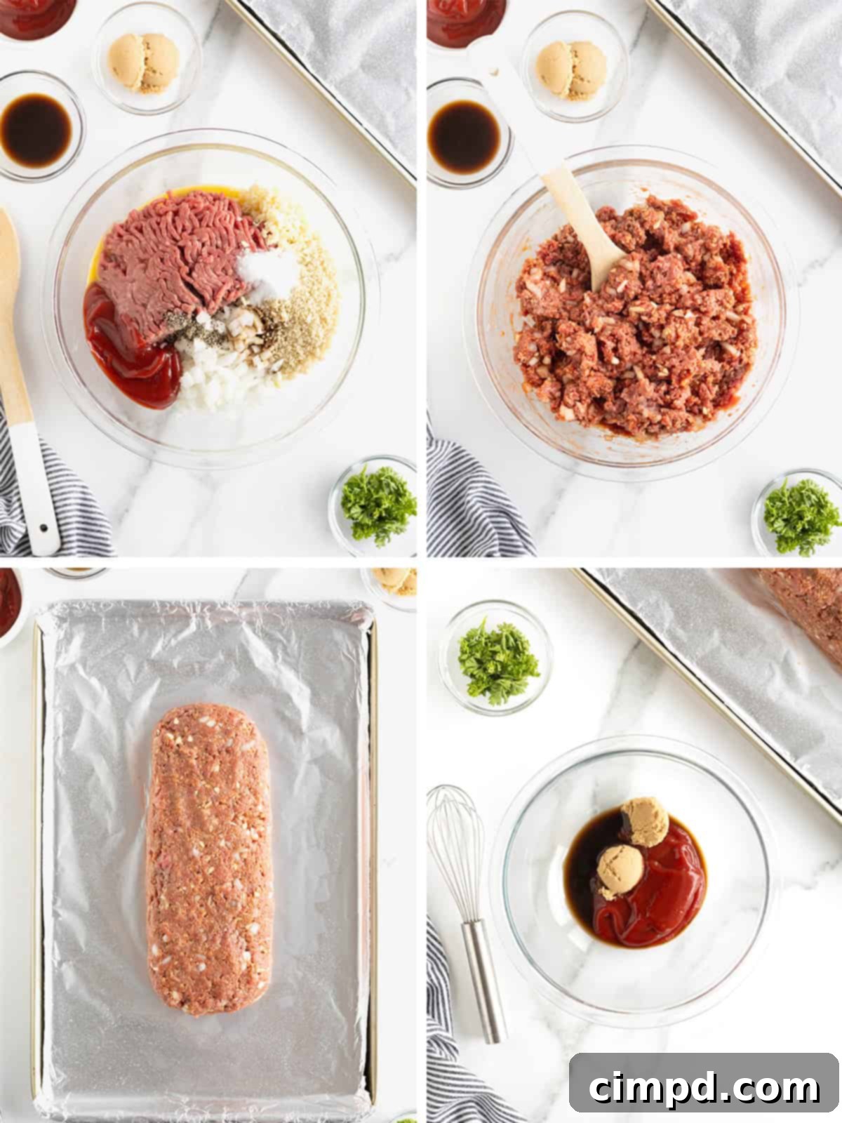 A visual guide showing the initial steps to make meatloaf, from mixing ingredients to shaping the loaf and preparing the glaze.