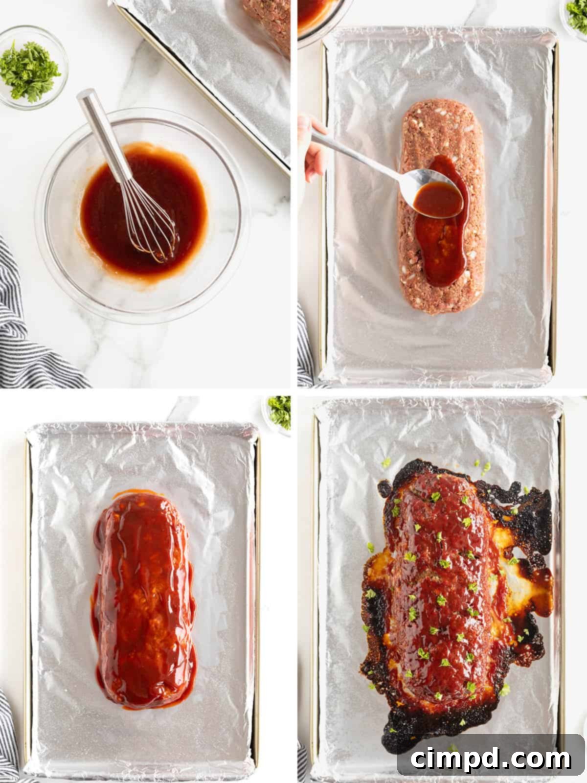 Step-by-step imagery demonstrating the final stages of preparing Classic Meatloaf, including baking, resting, and slicing for serving.