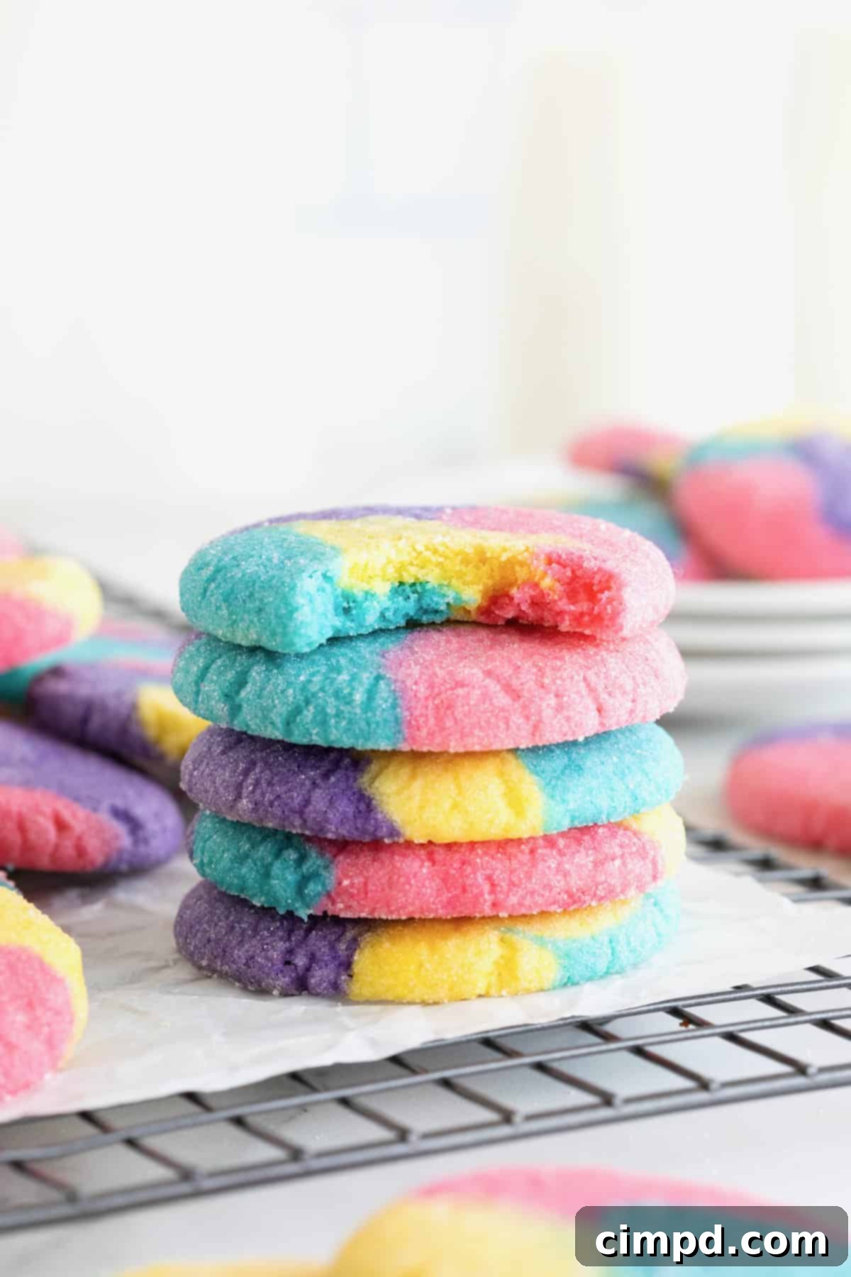 Vibrant Swirl Sugar Cookies 3 A stack of five vibrant multi-color cookies, with the top cookie having a bite taken out of it, revealing its soft texture.