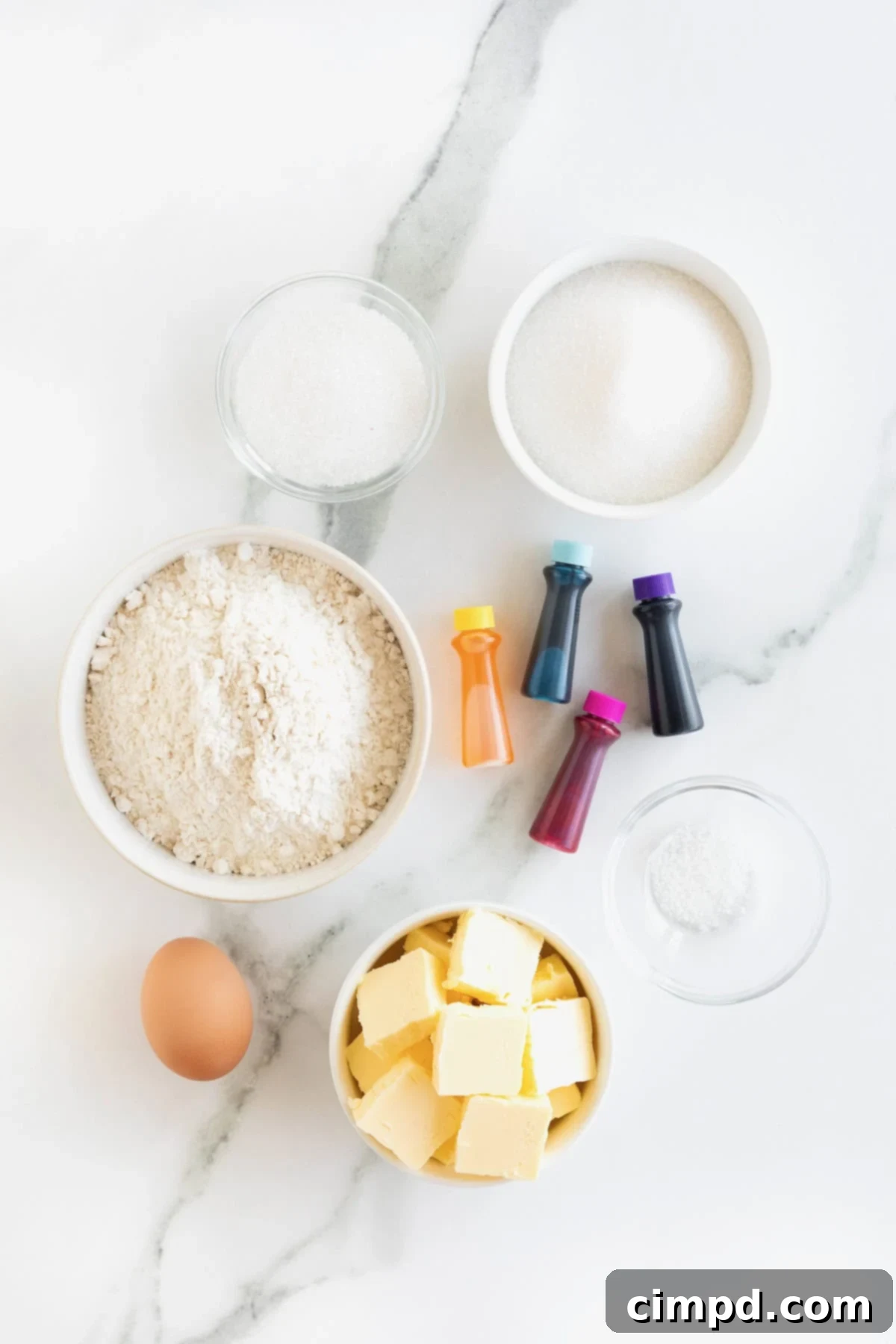 Vibrant Swirl Sugar Cookies 5 Ingredients for making multi-color sugar cookies, neatly arranged in small glass dishes on a pristine white marble counter, ready for baking.