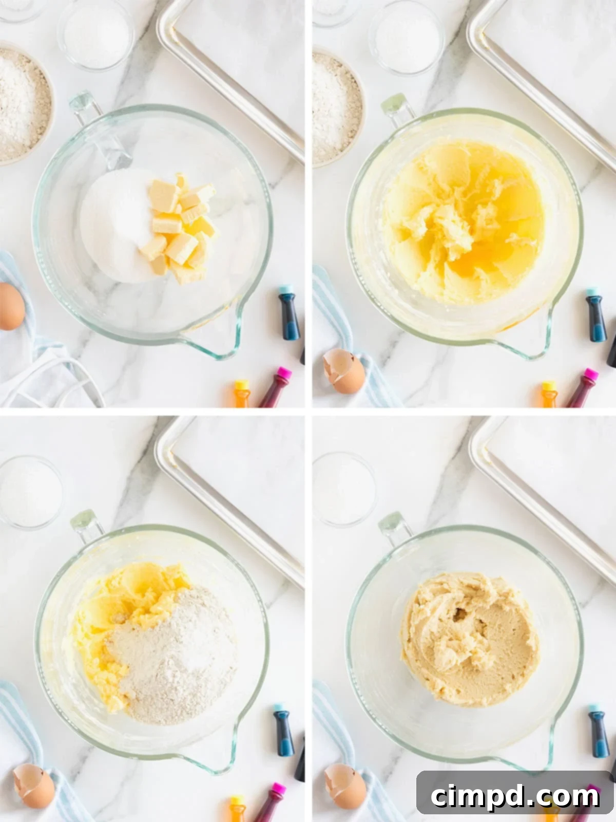 Vibrant Swirl Sugar Cookies 6 Visual steps illustrating how to prepare the cookie dough for Tie-Dyed Sugar Cookies, showing mixing and combining ingredients.