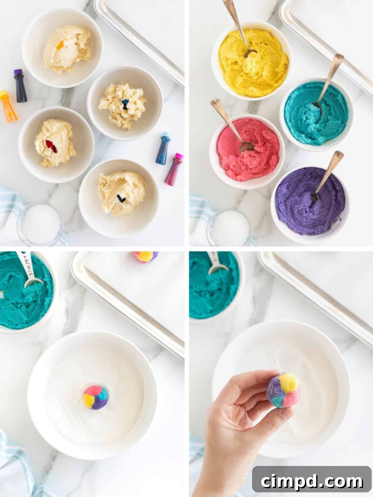 Vibrant Swirl Sugar Cookies 7 Illustrated steps for coloring and shaping the Tie-Dyed Sugar Cookies, showing dough division, coloring, and ball formation.