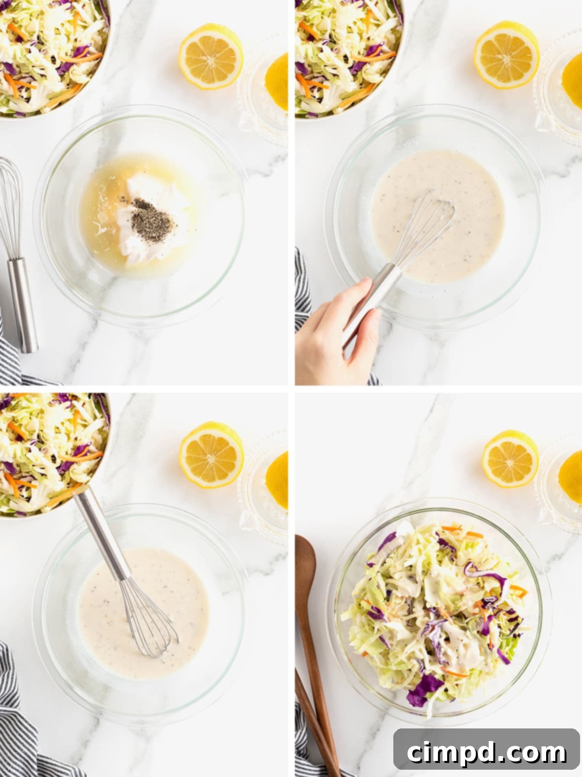 A visual guide depicting the steps to make classic coleslaw, from mixing the dressing to combining it with the shredded vegetables.