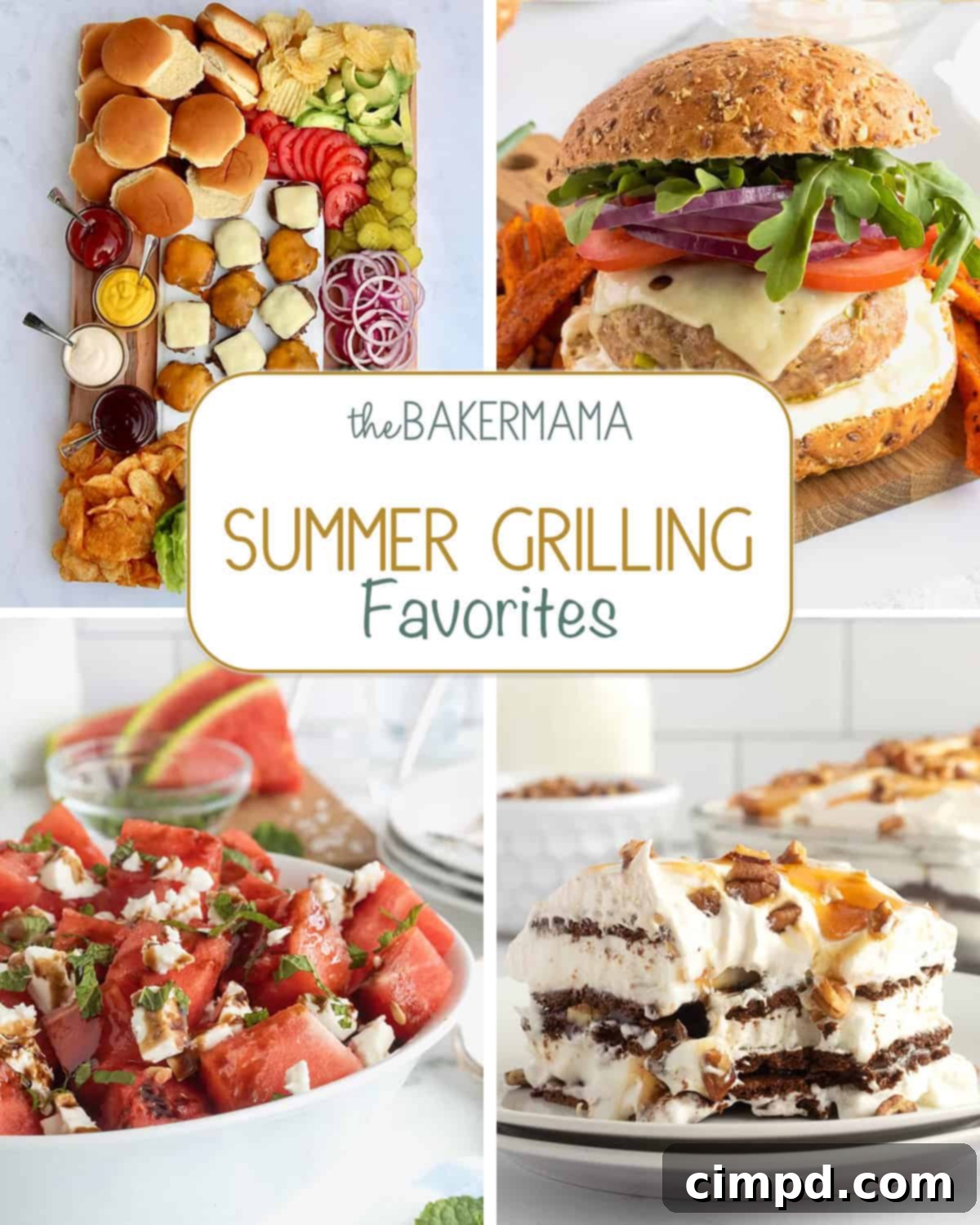 A spread of summer grilling favorites including a burger board, grilled turkey burger, watermelon feta salad, and ice cream sandwich cake.