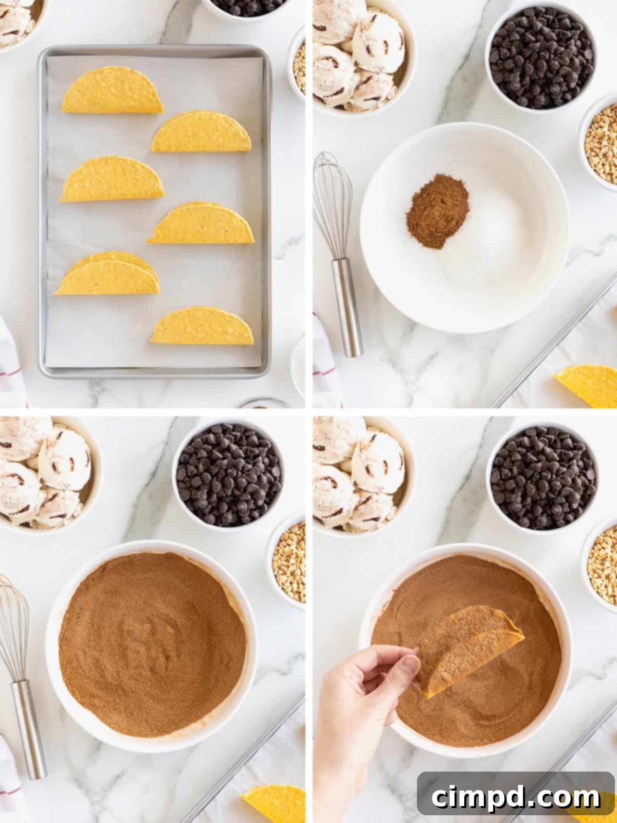 Frozen Chocolate Taco Treats 6 Sequential photos demonstrating the steps to make homemade choco tacos, from coating shells to filling with ice cream.