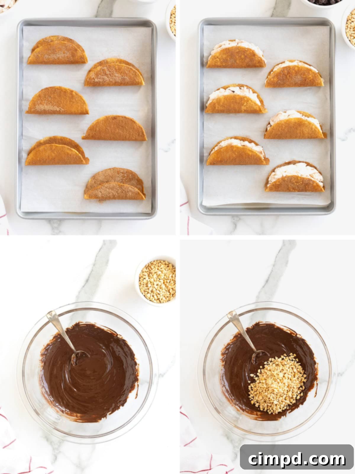 Frozen Chocolate Taco Treats 7 Steps to make homemade choco tacos, showing the melting of chocolate chips.