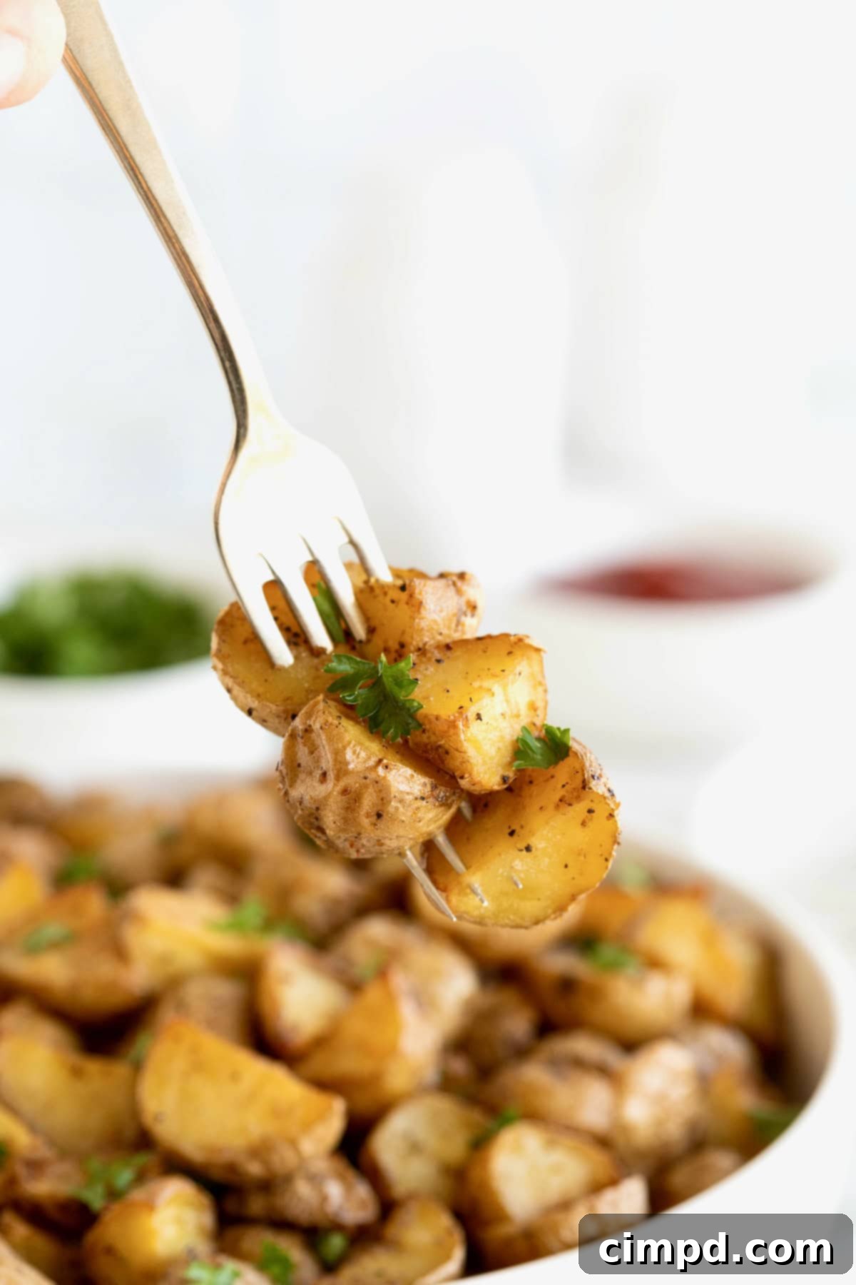 A fork loaded up with crispy potatoes garnished with fresh parsley, ready to eat.