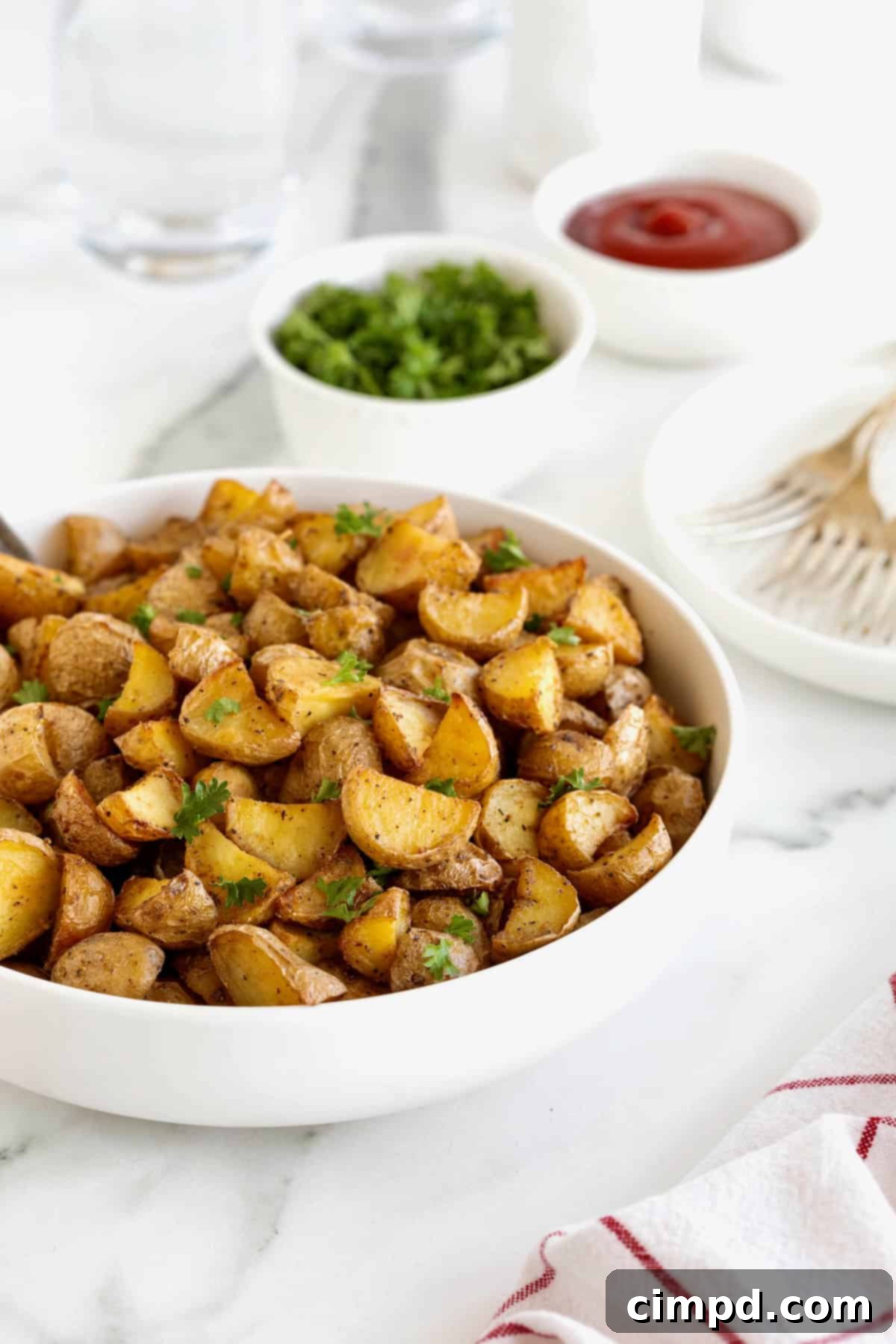 A large white serving dish of perfectly roasted bite-sized potato pieces on a white marble counter. The potatoes are beautifully garnished with fresh parsley.