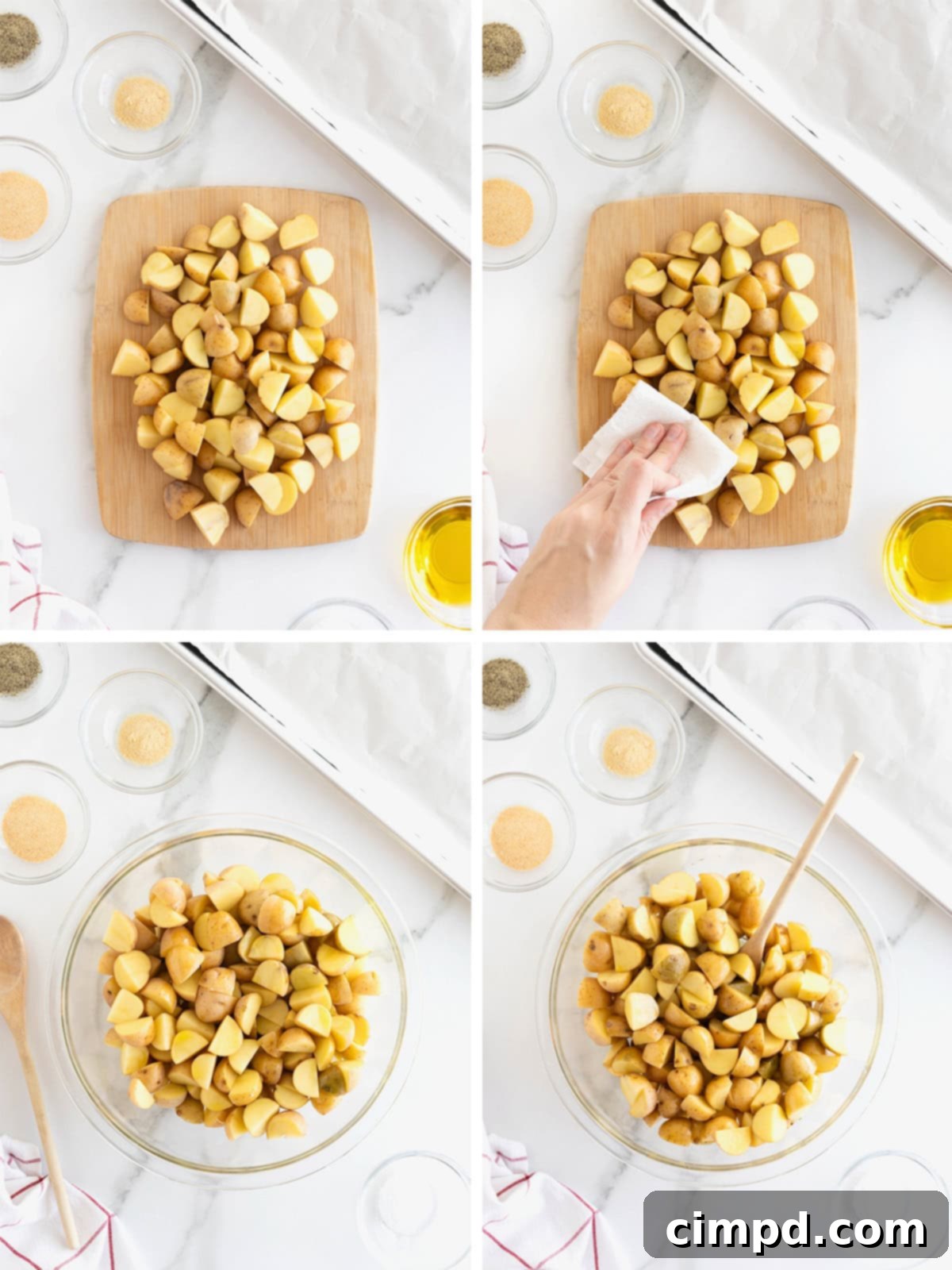 Step-by-step images illustrating the process of making oven roasted crispy potatoes, showing potatoes being tossed with oil.