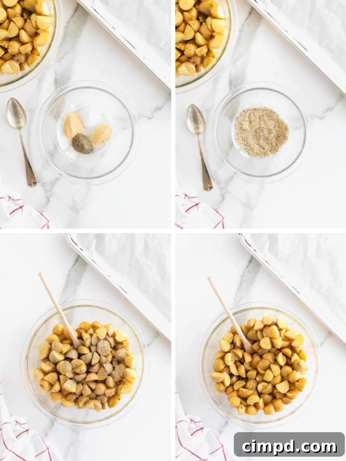 Step-by-step images illustrating the process of making crispy potatoes, showing potatoes being seasoned and tossed.