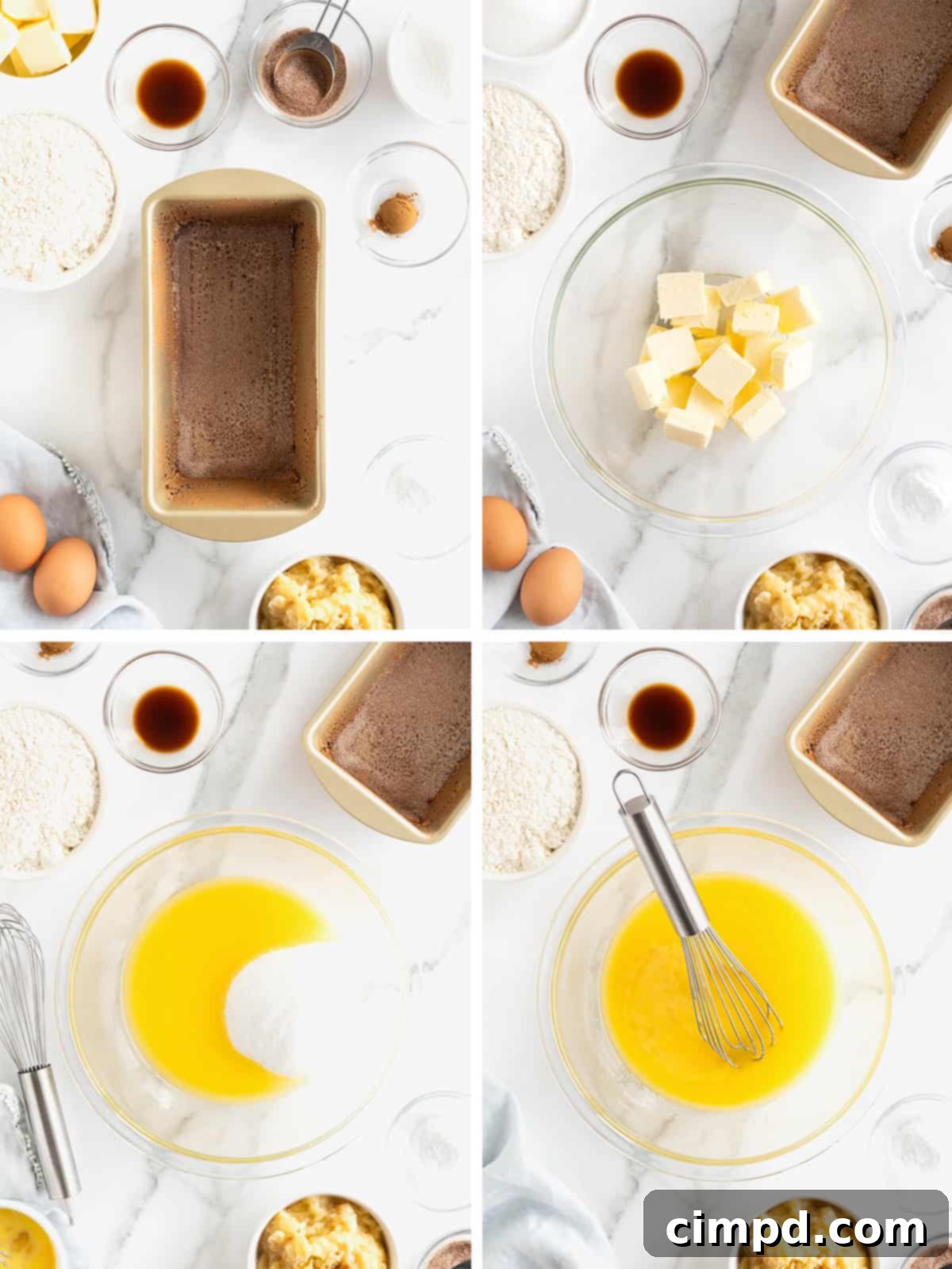 The initial steps of making cinnamon banana bread are visually depicted in a collage. This includes images of melting butter, mixing sugar and eggs, and adding mashed bananas, all in a clear, easy-to-follow sequence.