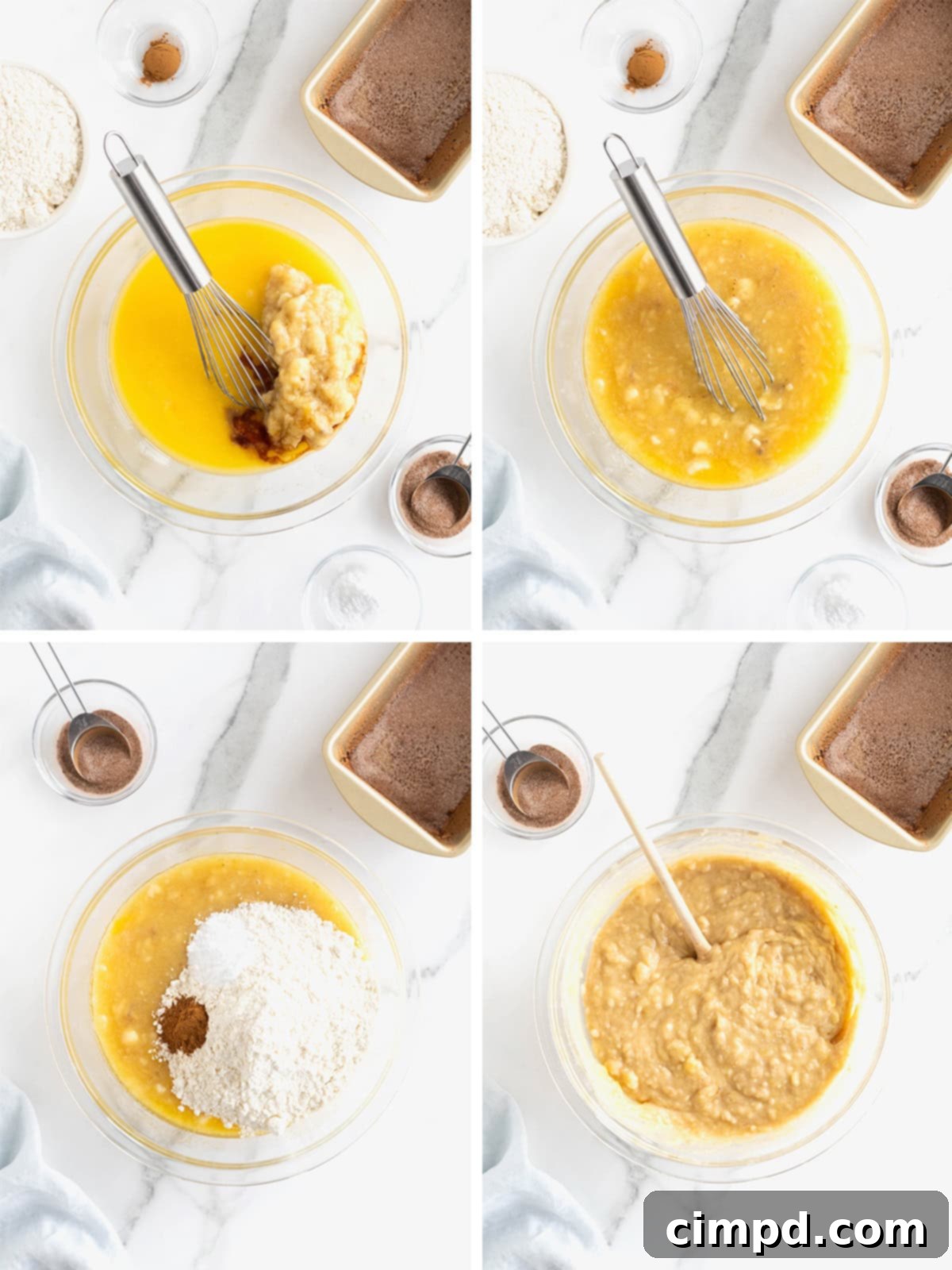 A visual guide showing the progression of making cinnamon banana bread. Images illustrate the smooth blending of wet ingredients, followed by the addition of dry ingredients—flour, baking soda, and cinnamon—and the gentle mixing process, highlighting the importance of not overmixing.