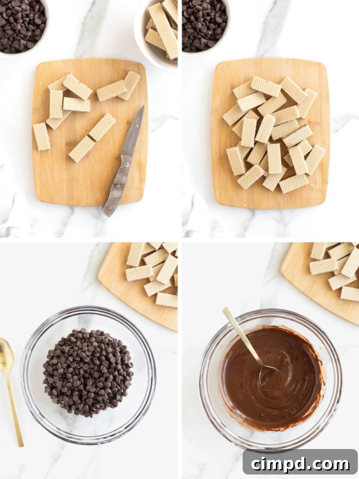 Quick Homemade KitKat Bites 7 Detailed step-by-step imagery demonstrating the simple process of making homemade KitKat bites, from cutting wafers to dipping them in melted chocolate.