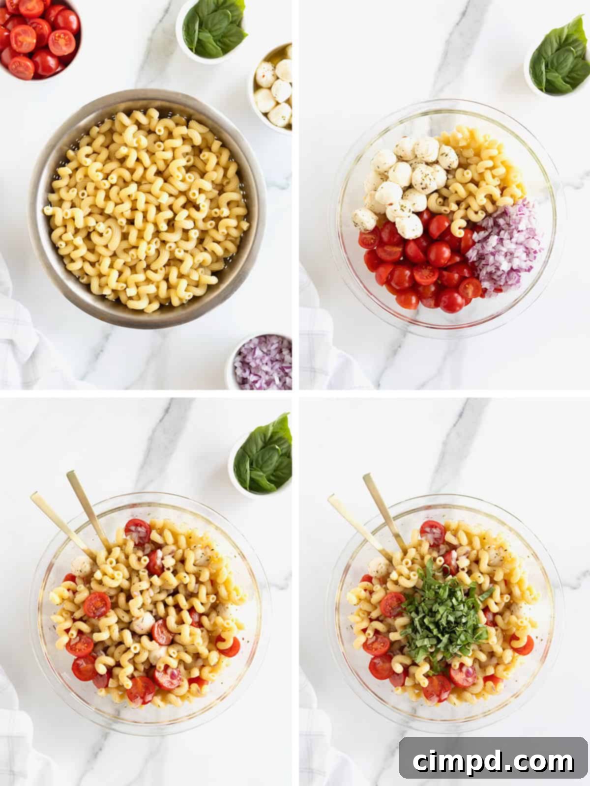 A visual step-by-step collage showing the process of making Caprese Pasta Salad, from individual ingredients to the final mixed dish.