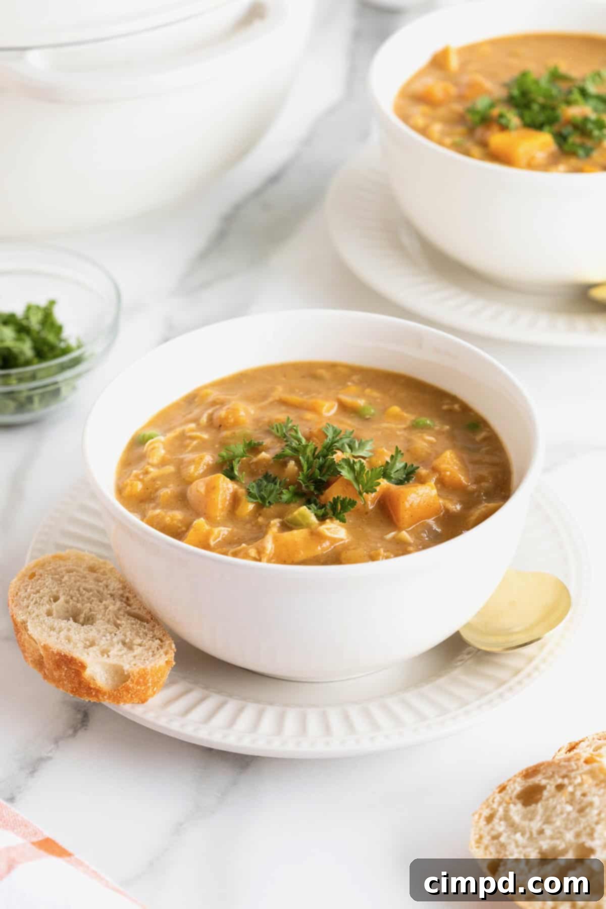 A beautiful white bowl on a fluted white plate, generously filled with a golden Pumpkin Pot Pie Soup. A slice of crusty baguette rests on the left edge of the plate, and a elegant gold-toned spoon is placed to the right, inviting you to take a taste.
