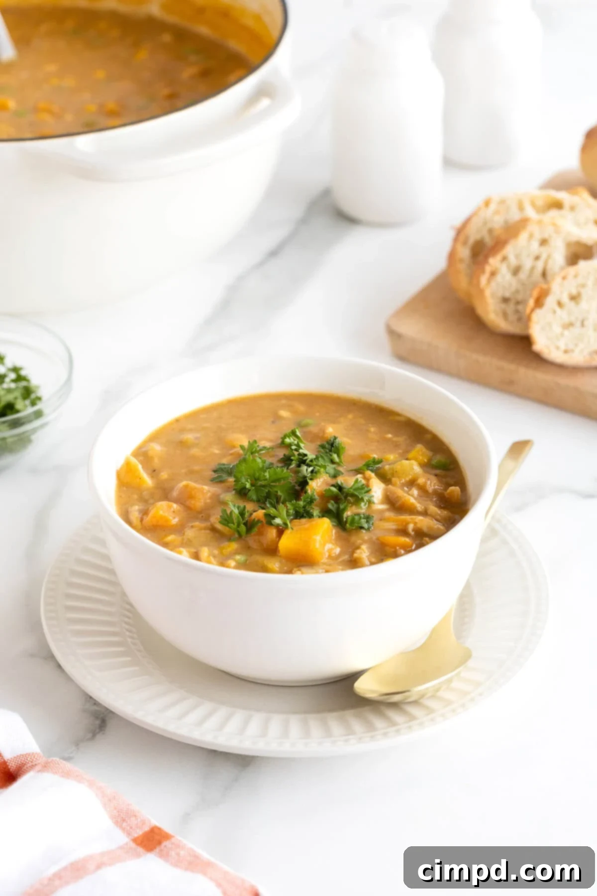 A single serving of Pumpkin Pot Pie Soup, presented beautifully in a white bowl atop a white fluted plate, ready to be enjoyed.