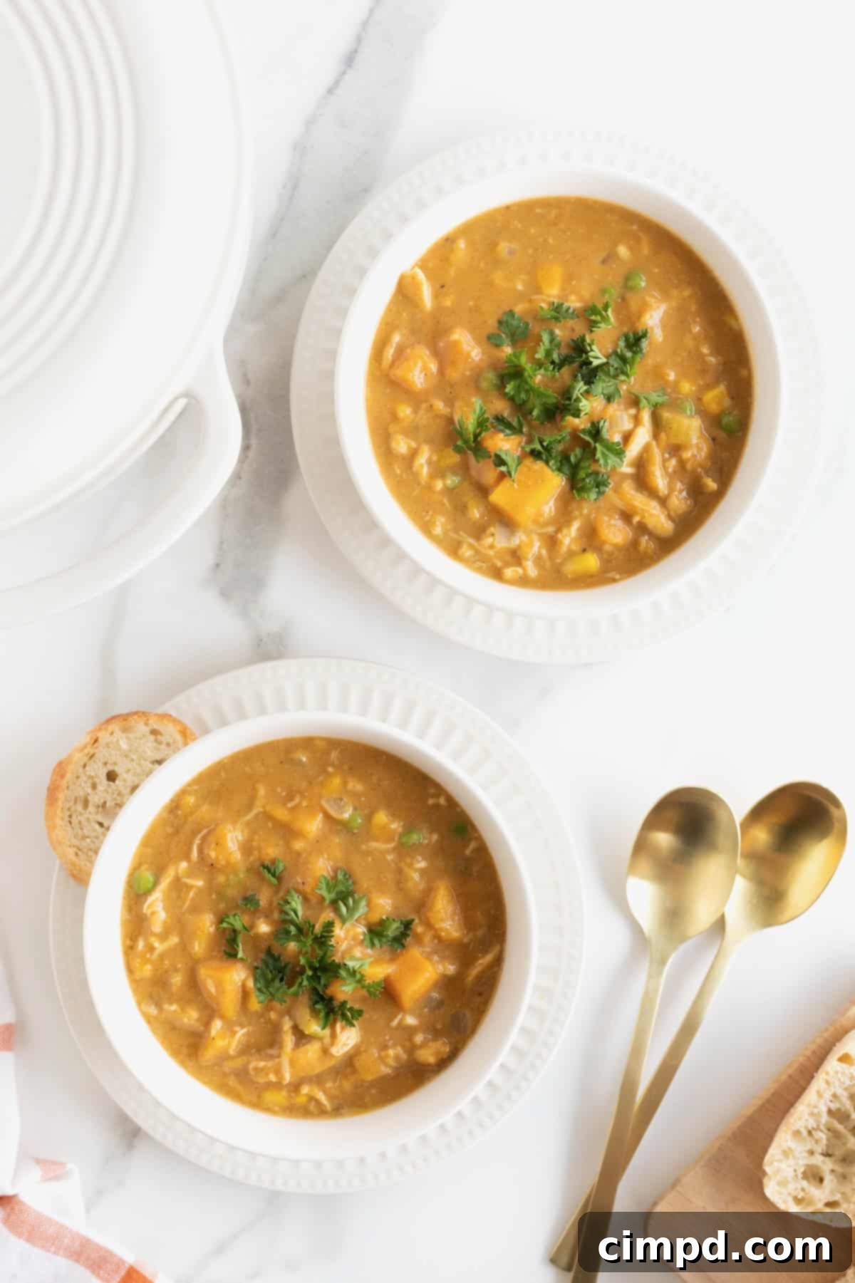 Two white bowls, each filled with vibrant Pumpkin Pot Pie Soup, are elegantly placed on white fluted plates. In the bottom right corner, two gold-toned soup spoons await, promising a delightful meal.