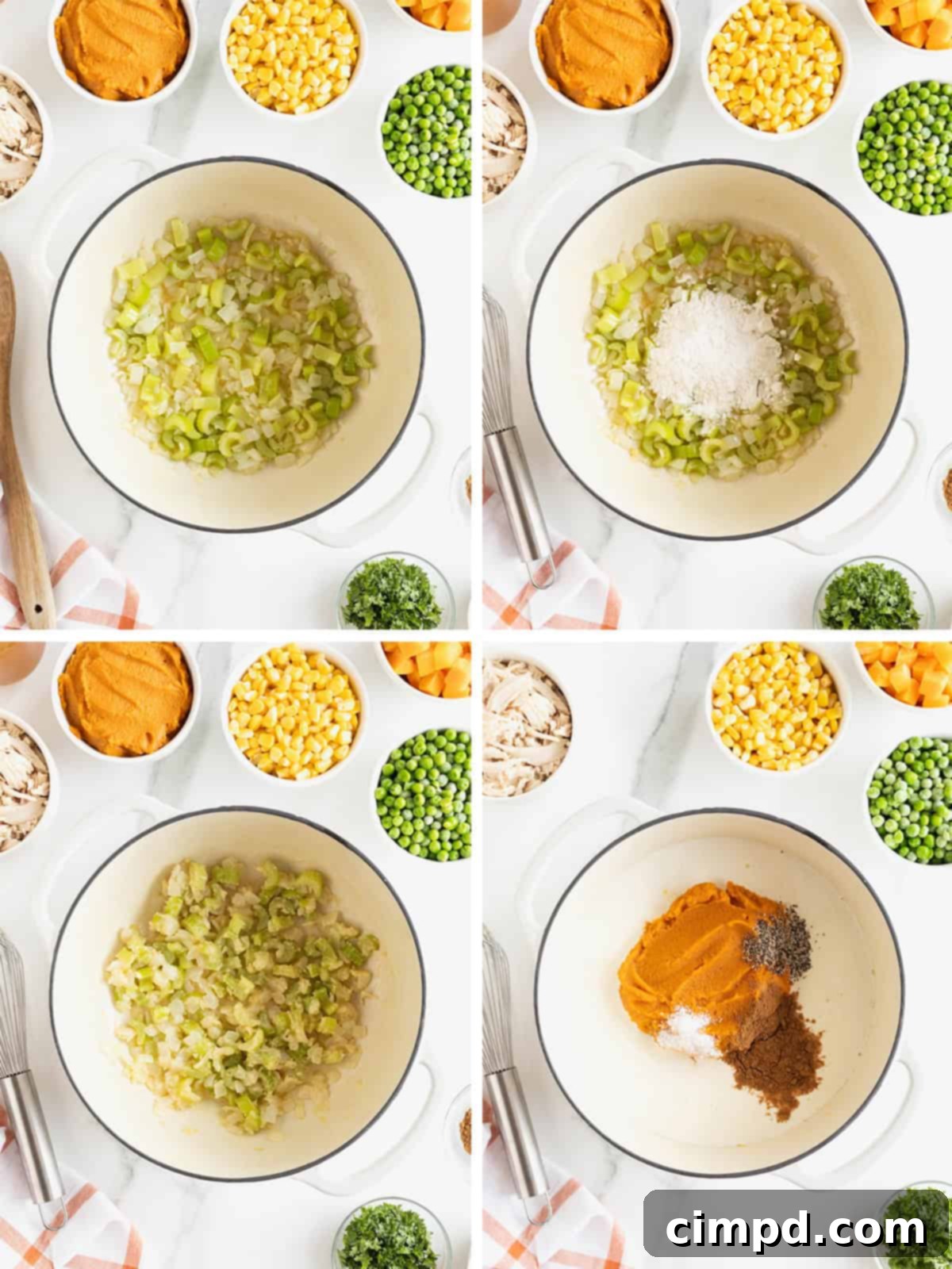 A visual guide depicting the initial steps of making pumpkin pot pie soup, showing the process of sautéing vegetables and whisking in liquids in a pot.