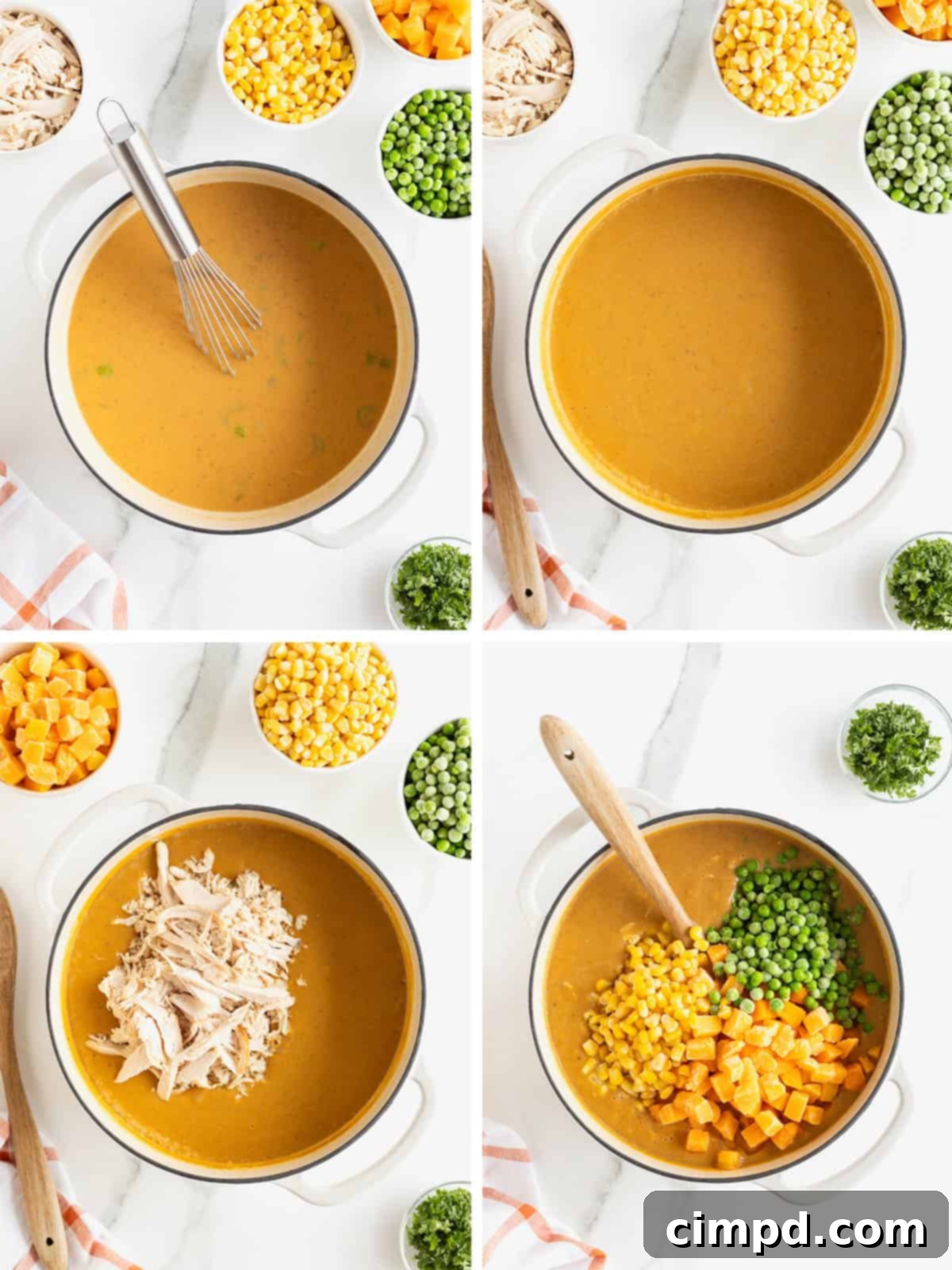 Further steps in the pumpkin pot pie soup making process, illustrating the addition of chicken and vegetables to the simmering soup.