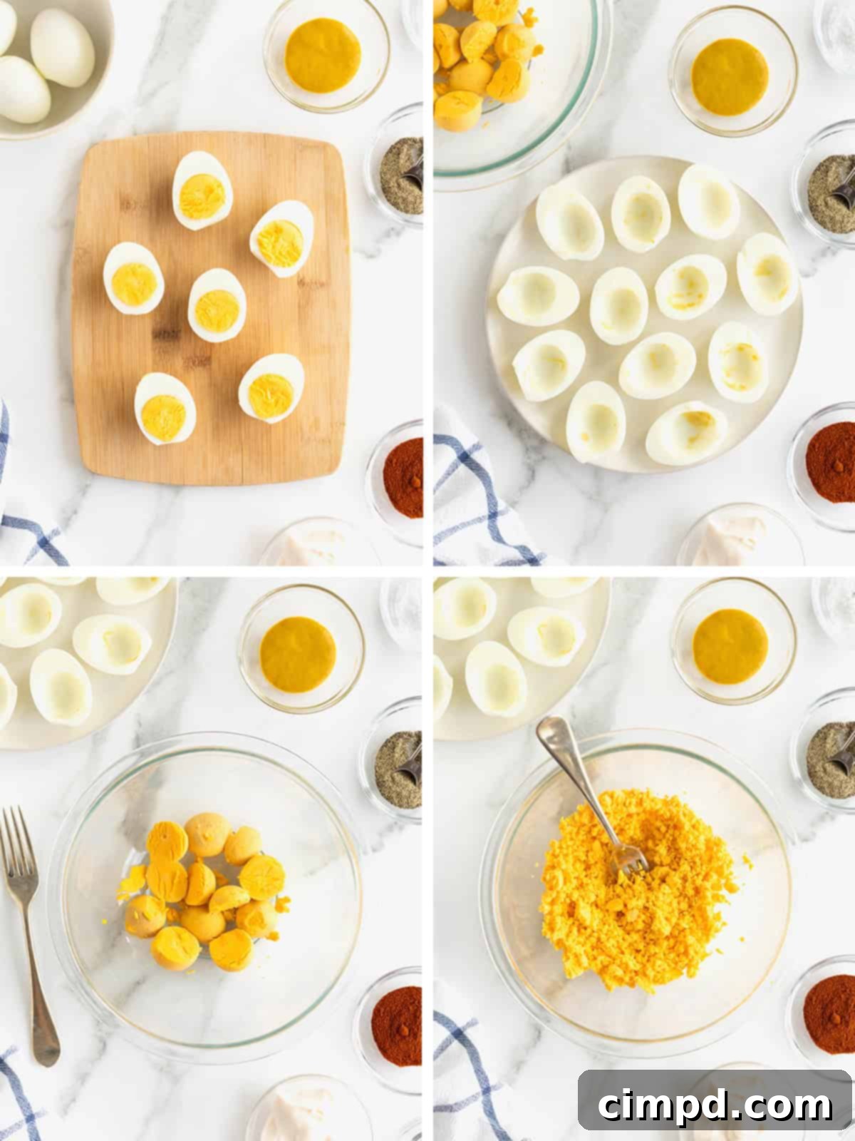 Devilish Delights 6 A step-by-step photographic collage showing the initial stages of making deviled eggs, including slicing eggs and mashing yolks.