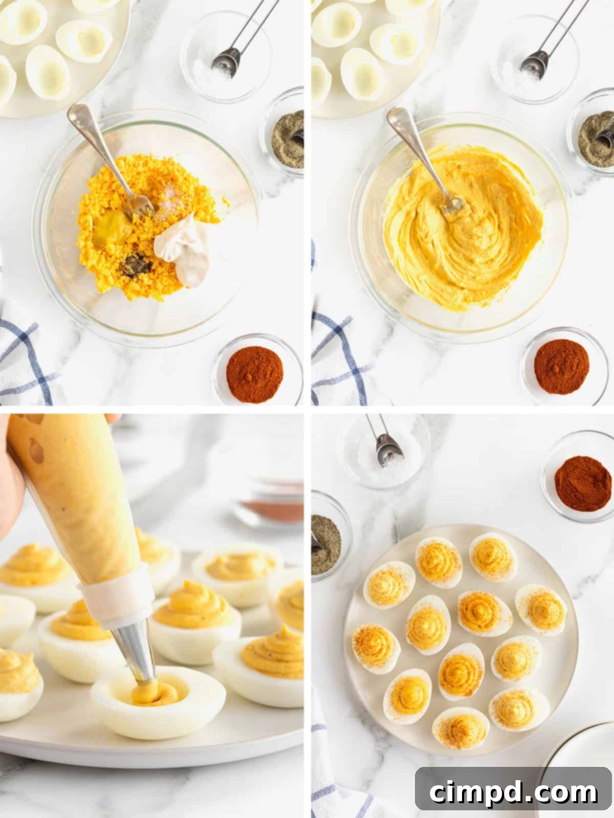 Devilish Delights 7 A step-by-step photographic collage illustrating the final stages of making deviled eggs, including piping the yolk mixture and garnishing with paprika.